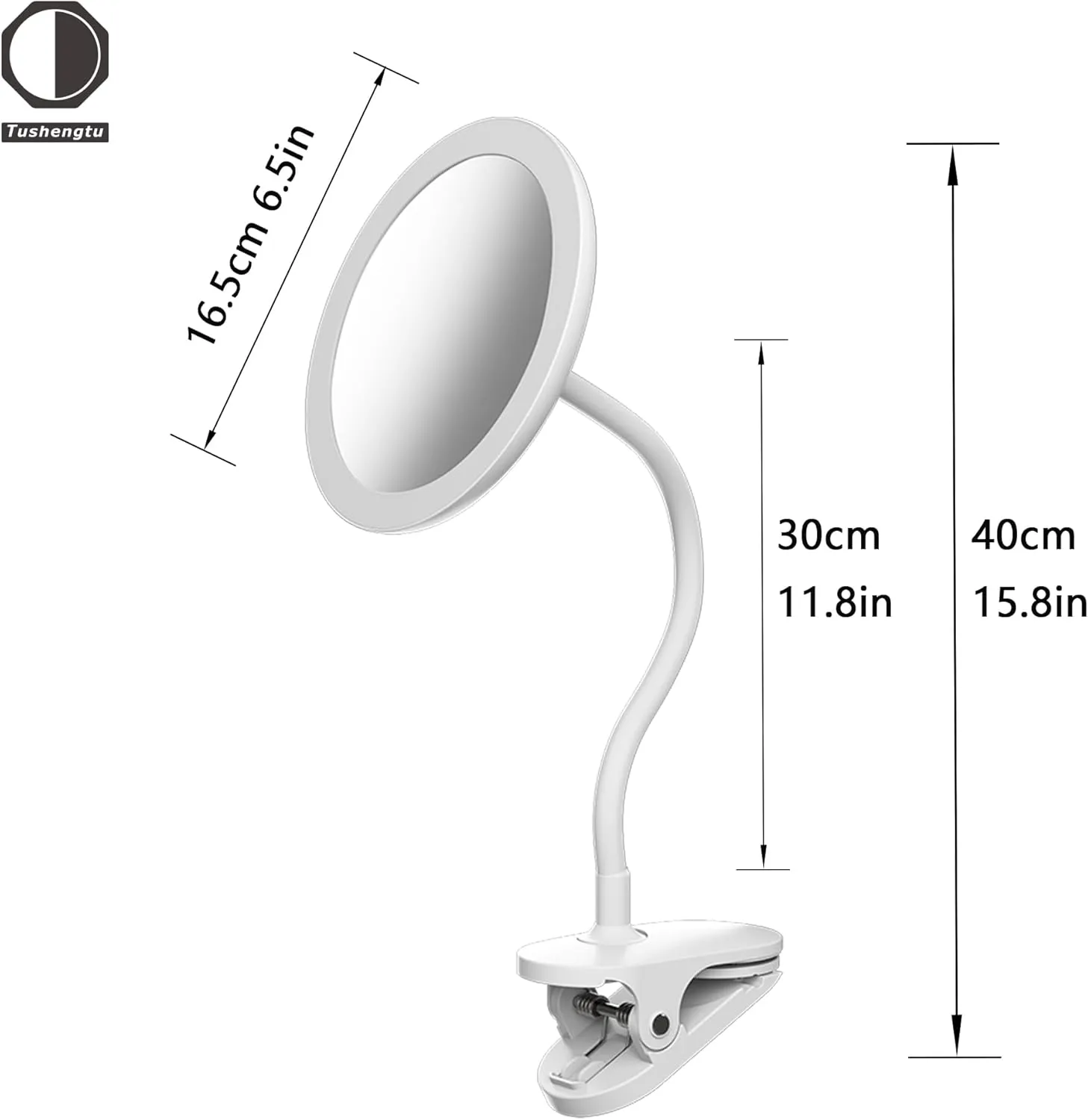 10X Magnifying Clip on Makeup Mirror Gooseneck, 6.5" Vanity Mirror with Light, 2000mAh USB Recharge 360° Rotating,Clip On Gooseneck Magnifying Vanity Mirror with Light,Travel Makeup Mirror (White 10X)