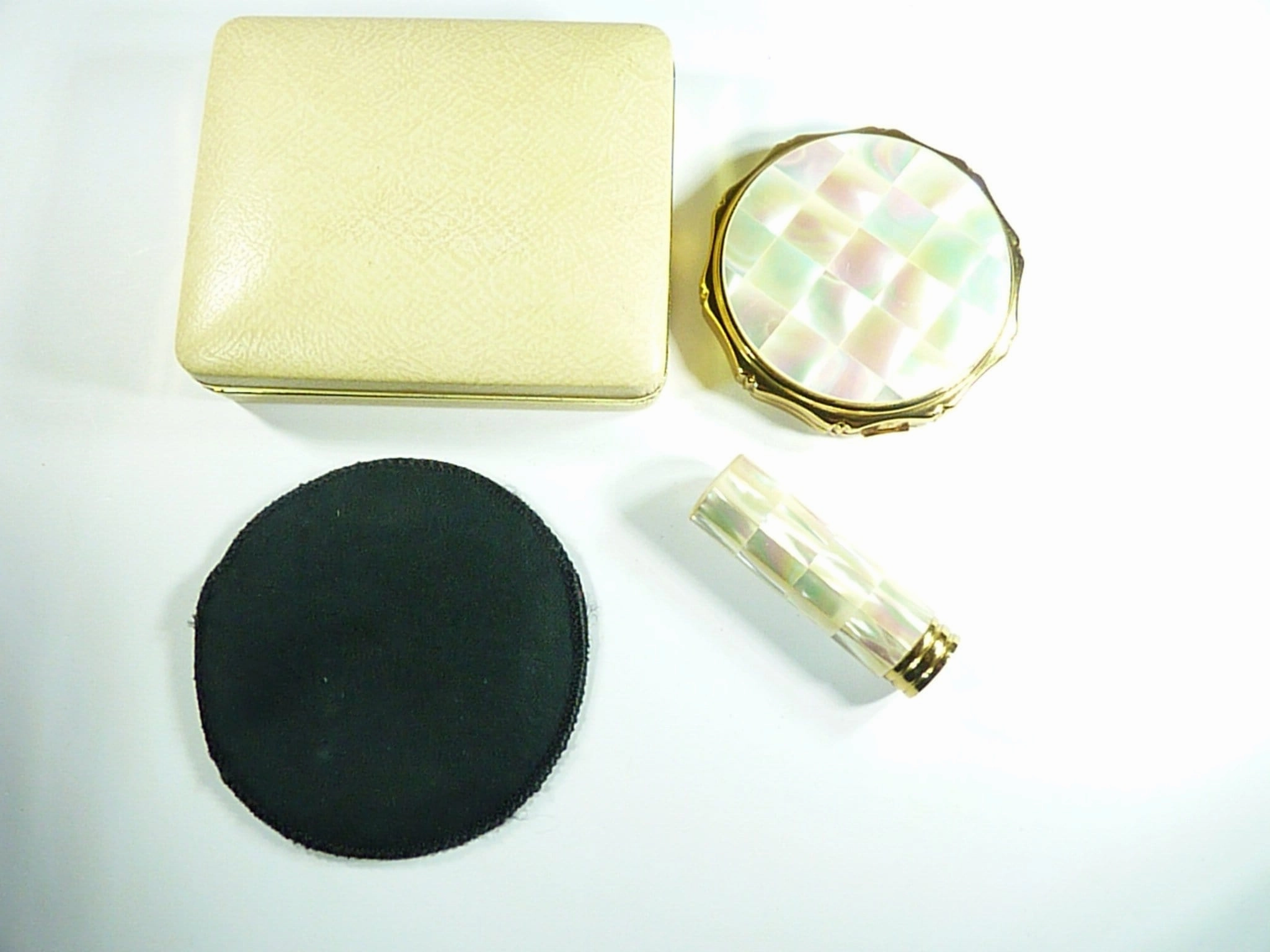 1960s Kigu Vanity Set Film Props Mother Of Pearl Compact / Lipstick