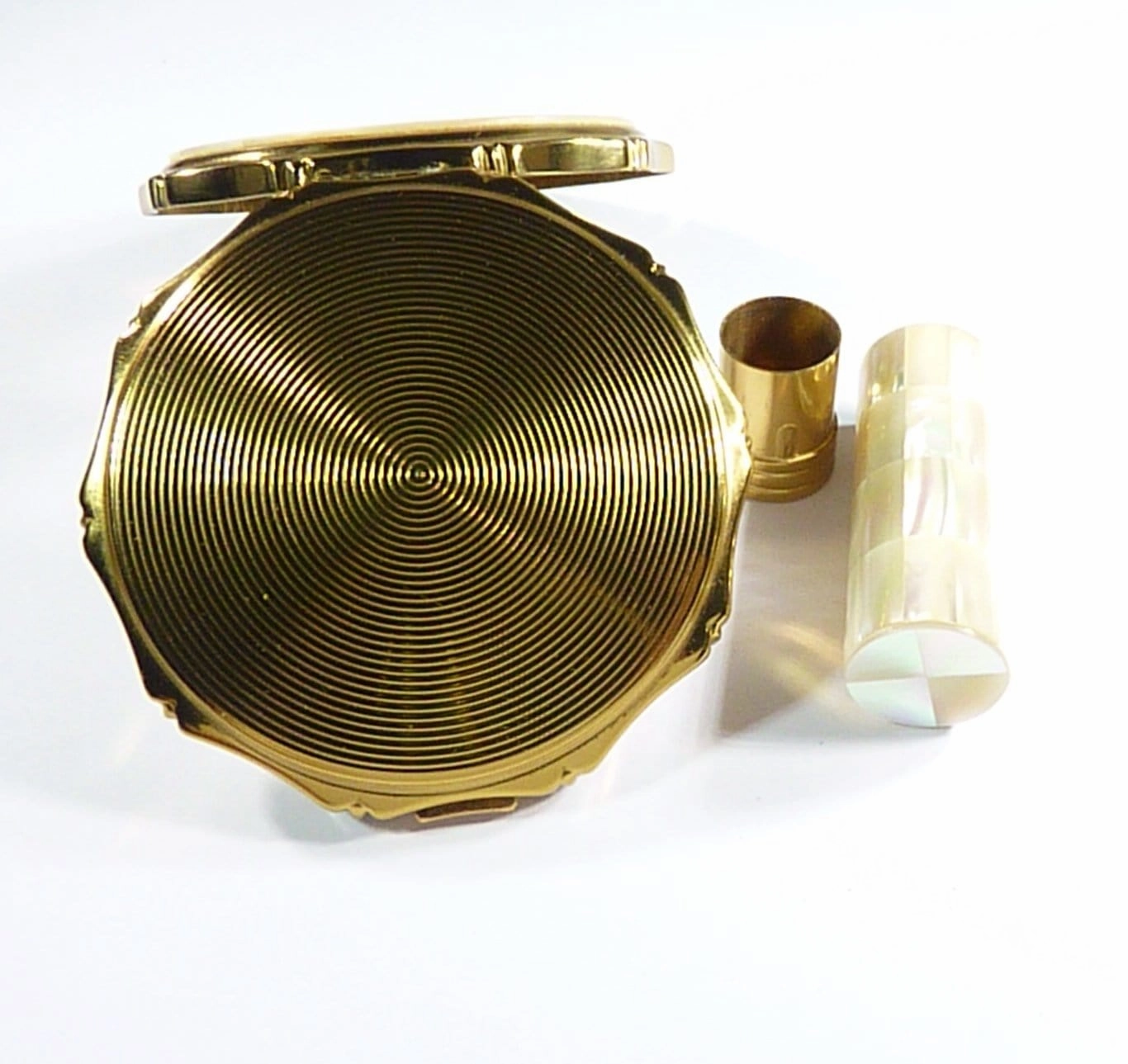 1960s Kigu Vanity Set Film Props Mother Of Pearl Compact / Lipstick