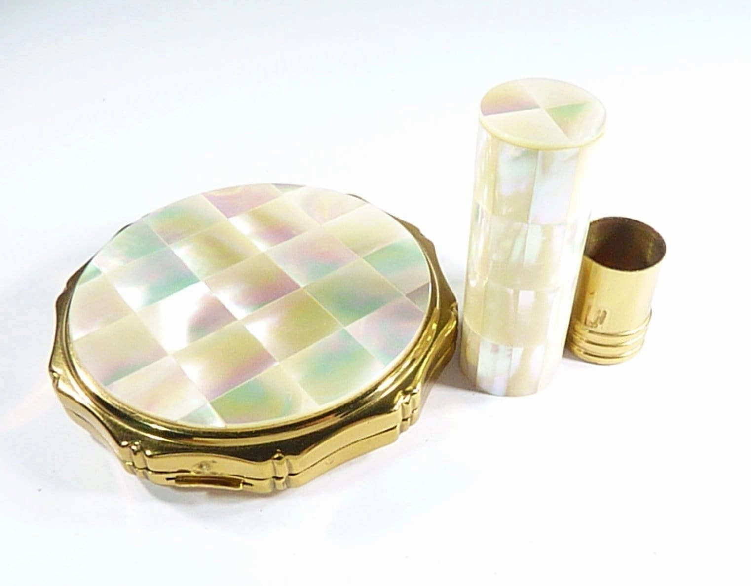 1960s Kigu Vanity Set Film Props Mother Of Pearl Compact / Lipstick