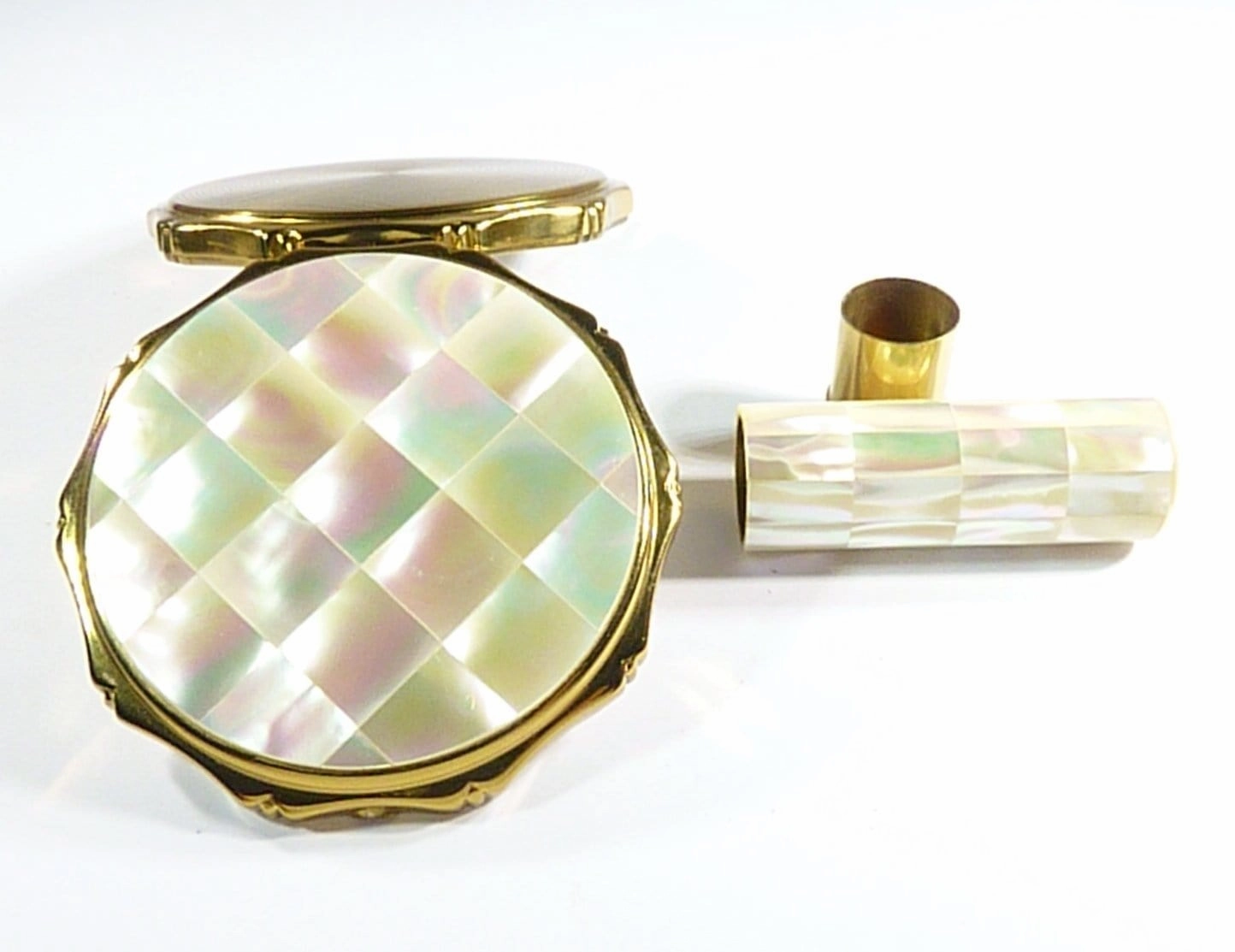 1960s Kigu Vanity Set Film Props Mother Of Pearl Compact / Lipstick