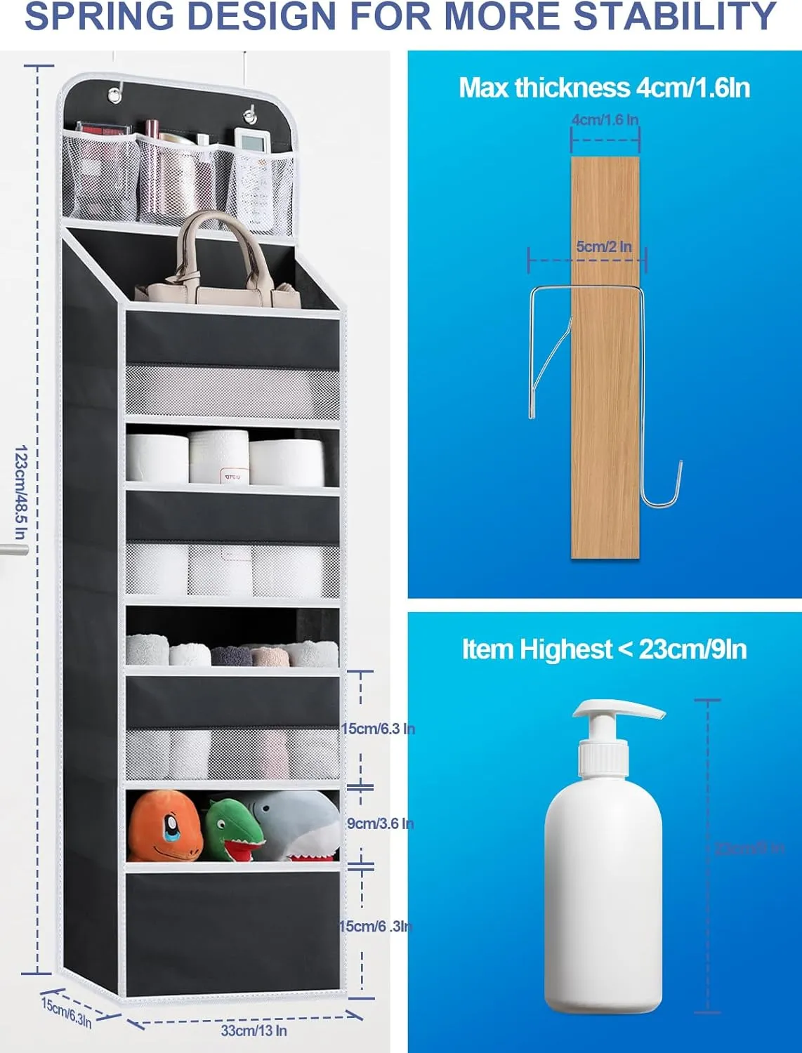2 Pack Over the Door Organizer, 5-Shelf Hanging Storage Organization with Clear Window 4 Large Capacity Pockets, Swing-Proof Behind Door Storage Shelf for Kicthen Bedroom Nursery Kids Toys Shoes