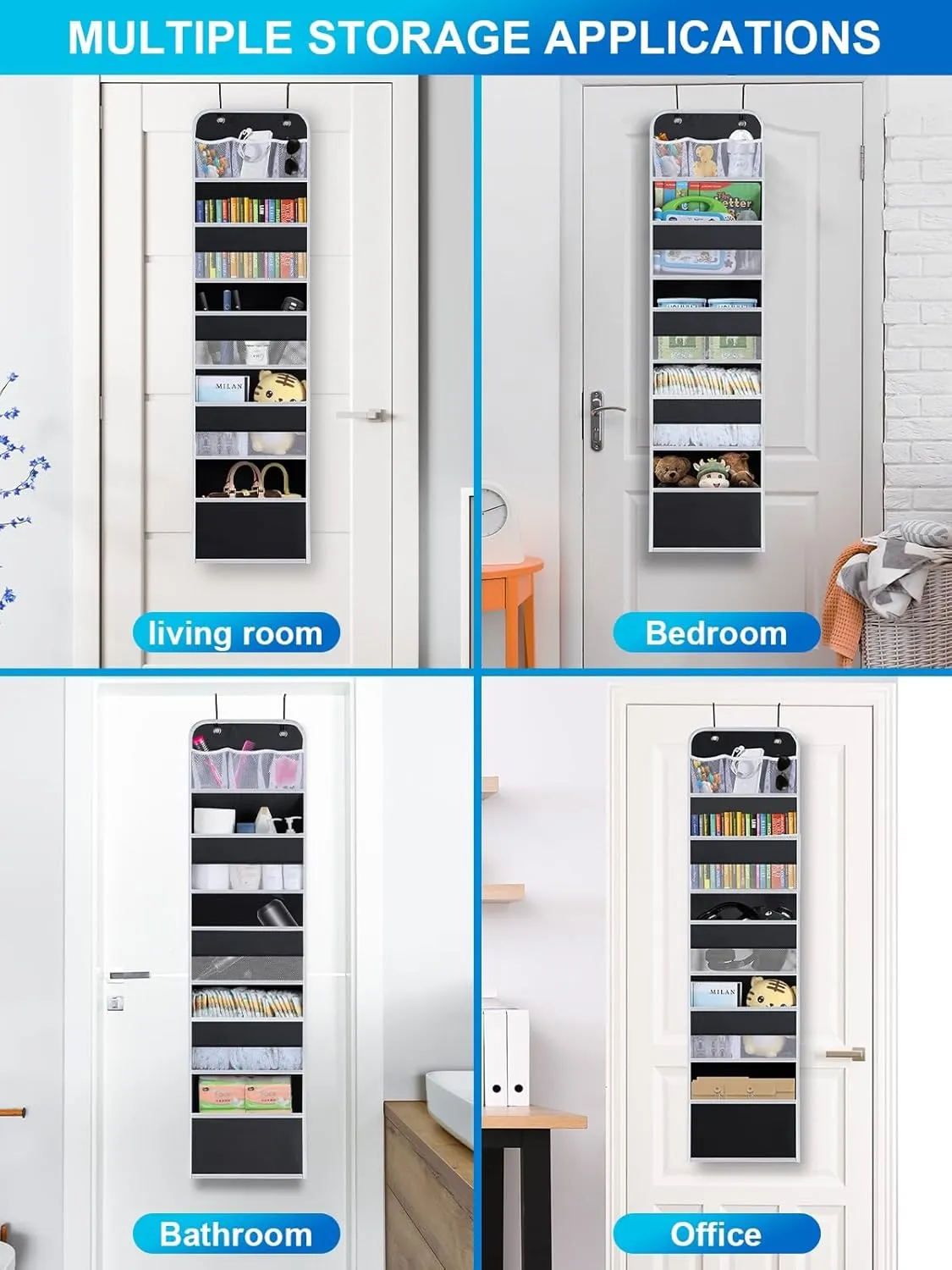 2 Pack Over the Door Organizer, 5-Shelf Hanging Storage Organization with Clear Window 4 Large Capacity Pockets, Swing-Proof Behind Door Storage Shelf for Kicthen Bedroom Nursery Kids Toys Shoes