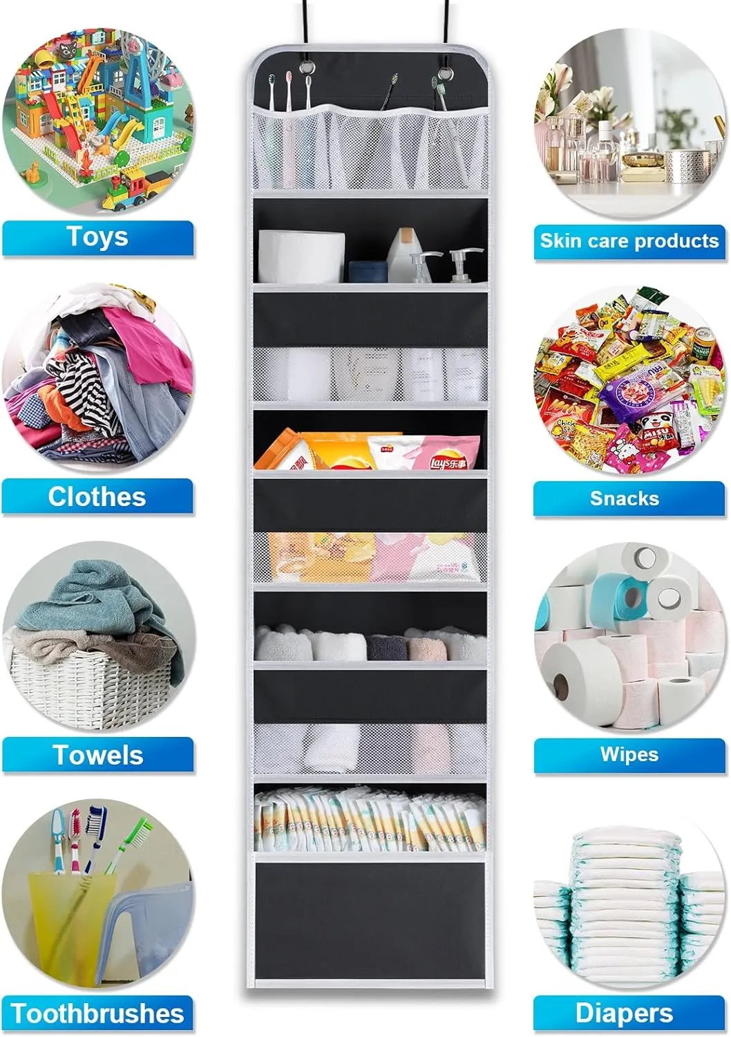 2 Pack Over the Door Organizer, 5-Shelf Hanging Storage Organization with Clear Window 4 Large Capacity Pockets, Swing-Proof Behind Door Storage Shelf for Kicthen Bedroom Nursery Kids Toys Shoes