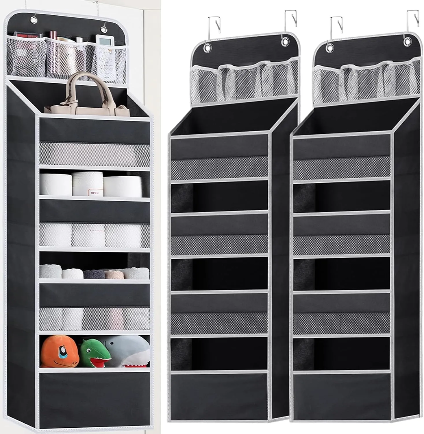 2 Pack Over the Door Organizer, 5-Shelf Hanging Storage Organization with Clear Window 4 Large Capacity Pockets, Swing-Proof Behind Door Storage Shelf for Kicthen Bedroom Nursery Kids Toys Shoes
