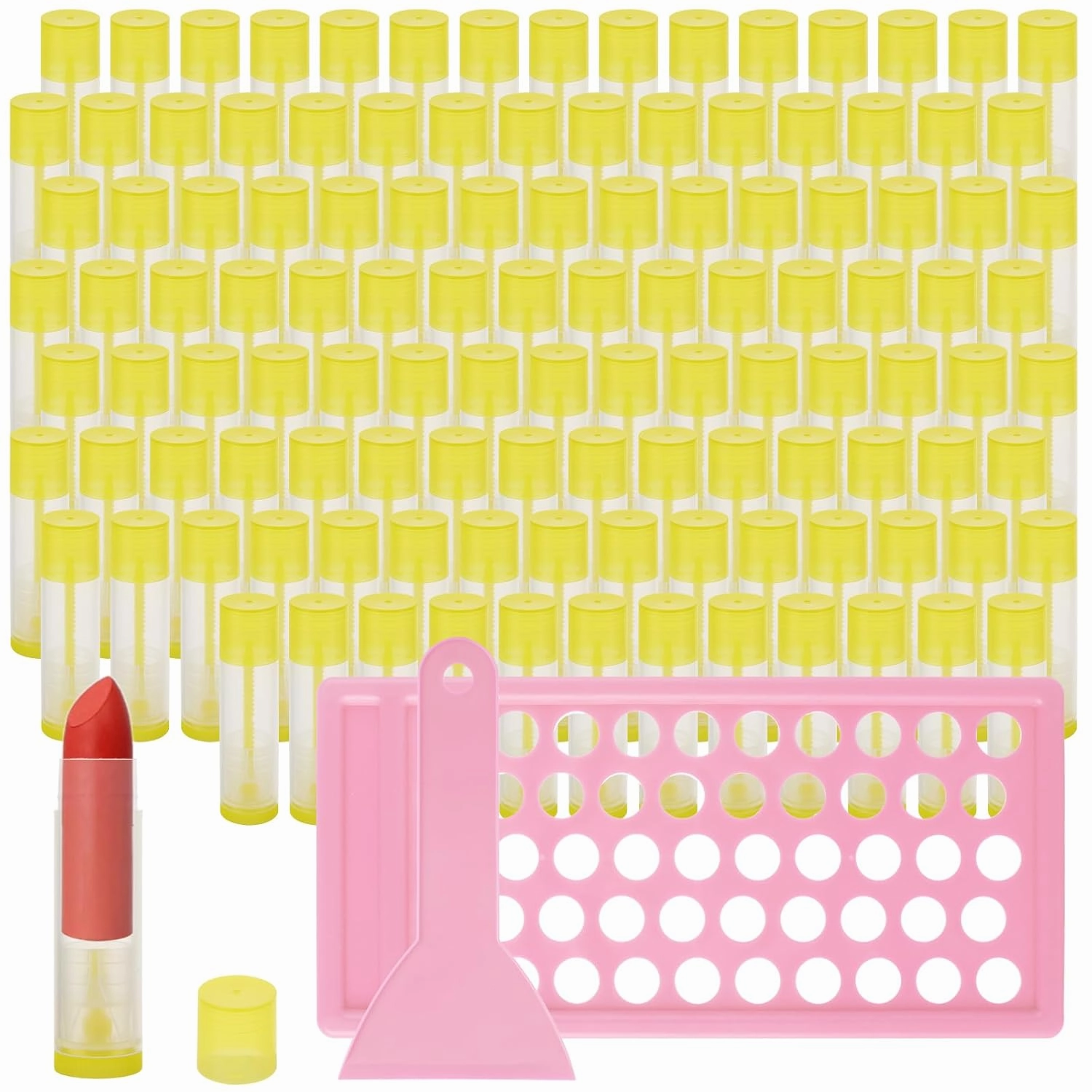 200PCS Lip Balm Tubes and Filling Tray and Spatula Set, Clear Lip Balm Container Tubes with Yellow Caps Empty Chapstick Tubes Empty Bulk for DIY Lipstick Homemade 3/16 Oz (5.5 ml)