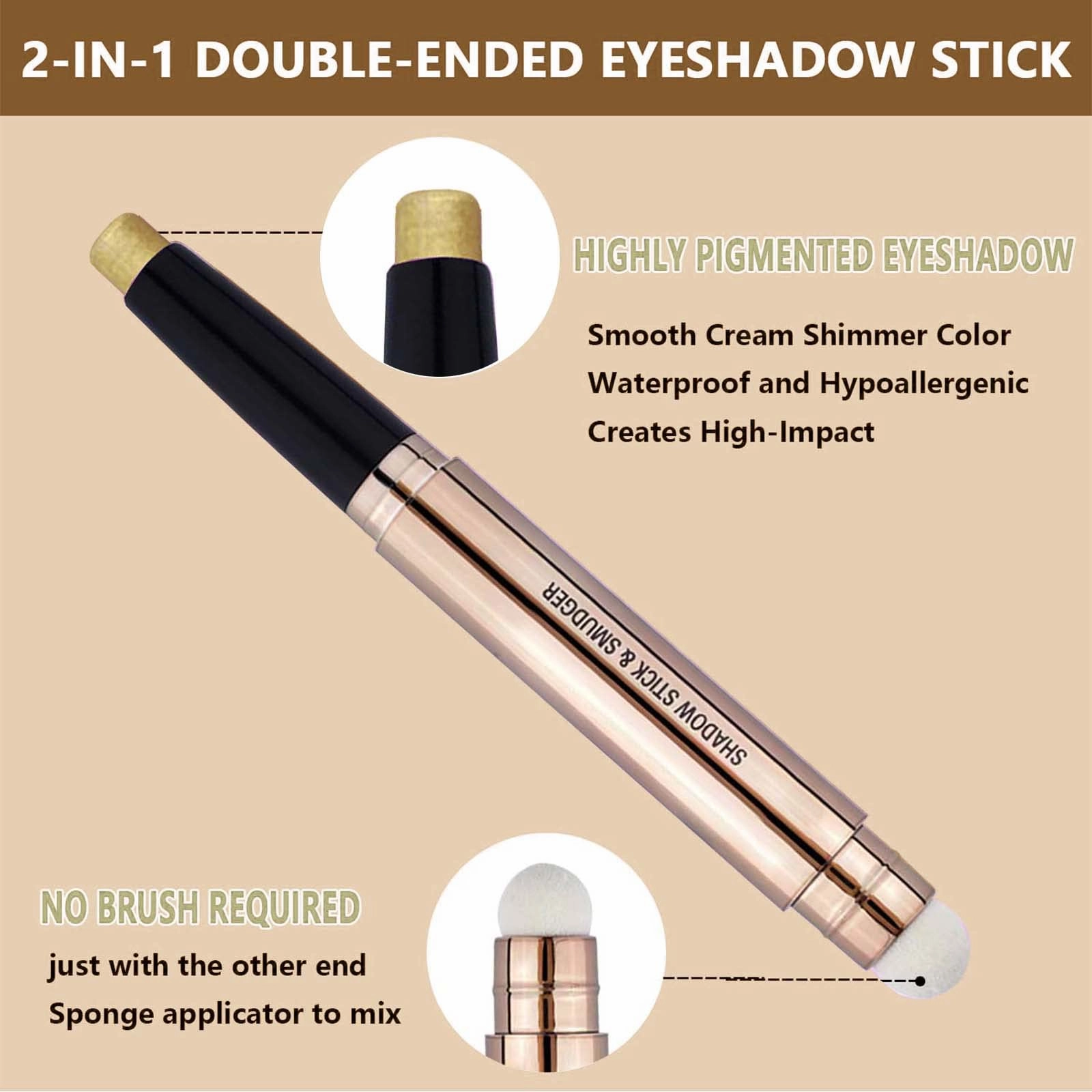 2 in 1 Gold Copper Eyeshadow Stick and Sponge Makeup Brush - Smooth Creamy Shimmer Eyeshadow Pen Long Lasting Waterproof Highlighter Stick Makeup, Hypoallergenic
