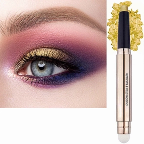 2 in 1 Gold Copper Eyeshadow Stick and Sponge Makeup Brush - Smooth Creamy Shimmer Eyeshadow Pen Long Lasting Waterproof Highlighter Stick Makeup, Hypoallergenic
