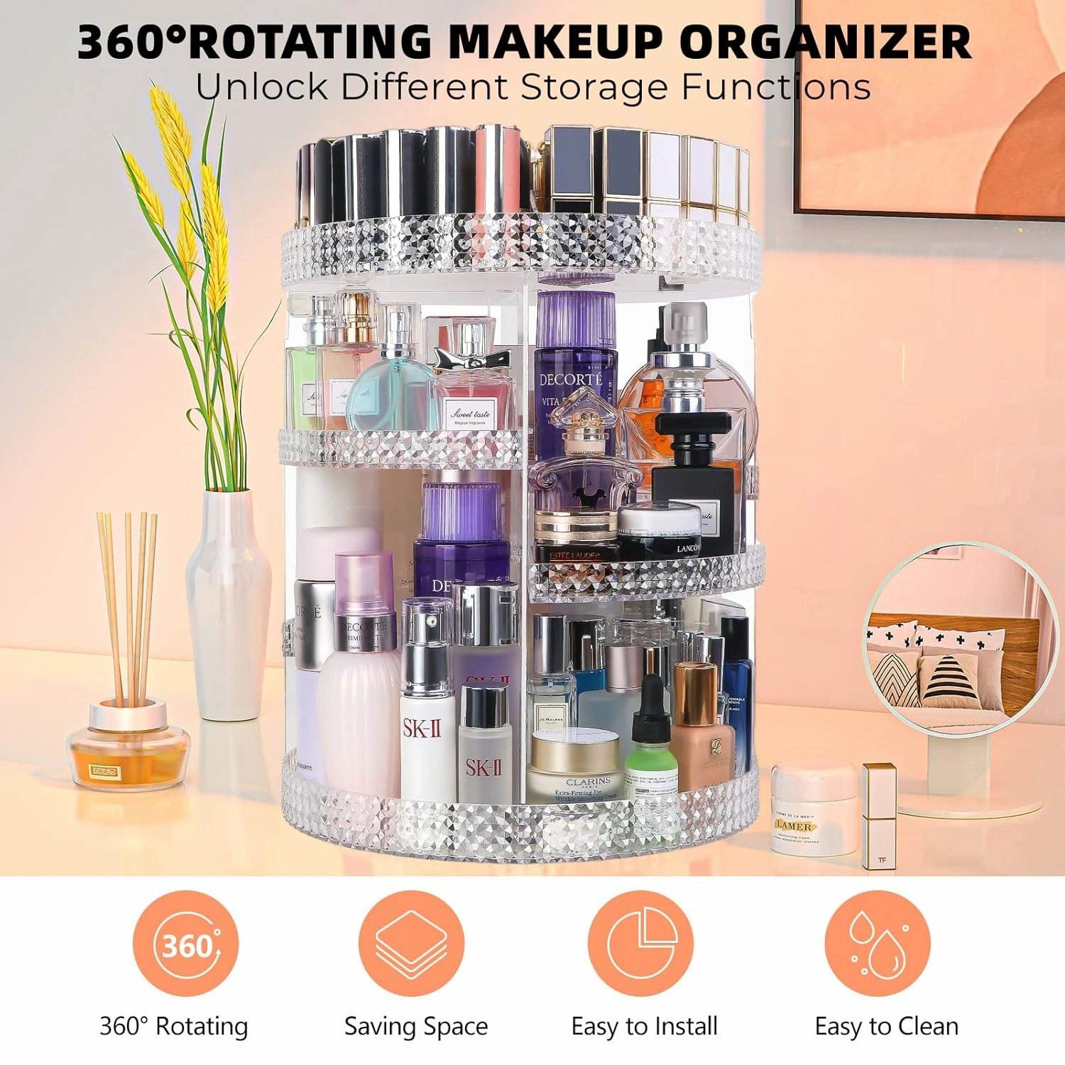 360 Degree Rotating Makeup Organizer, Extra Large Capacity Perfume Organizer, Removable DIY 7 Layers Make up Organizer for vanity, Cosmetic Display Case Organizador De Maquillaje (Clear)