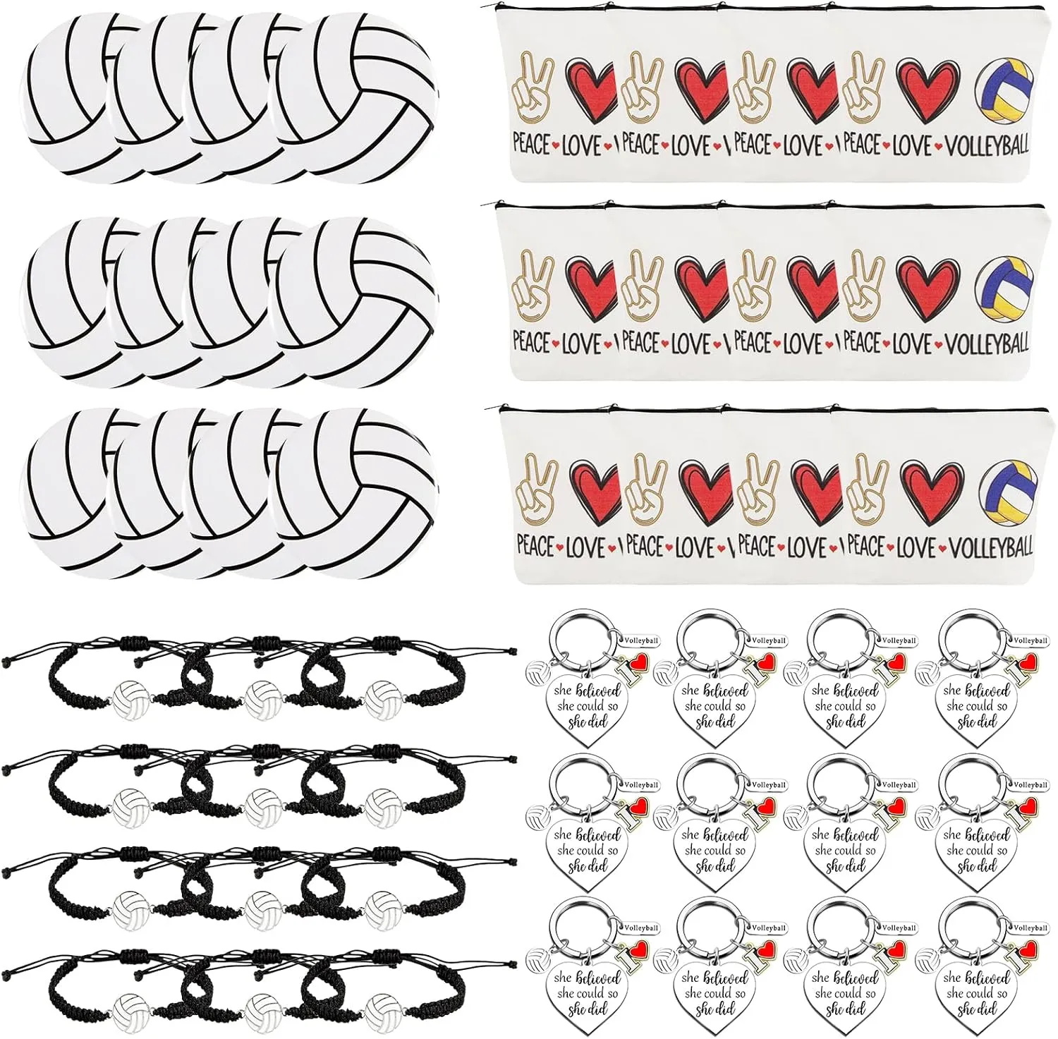 48PCS Volleyball Gifts for Teen Girls Women-12PCS Volleyball Makeup Bag,12PCS Keychain Accessories for Backpack,12PCS Volleyball Charm Bracelet,12PCS Volleyball Round Makeup Mirror,Girl Party Supplies
