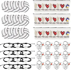48PCS Volleyball Gifts for Teen Girls Women-12PCS Volleyball Makeup Bag,12PCS Keychain Accessories for Backpack,12PCS Volleyball Charm Bracelet,12PCS Volleyball Round Makeup Mirror,Girl Party Supplies