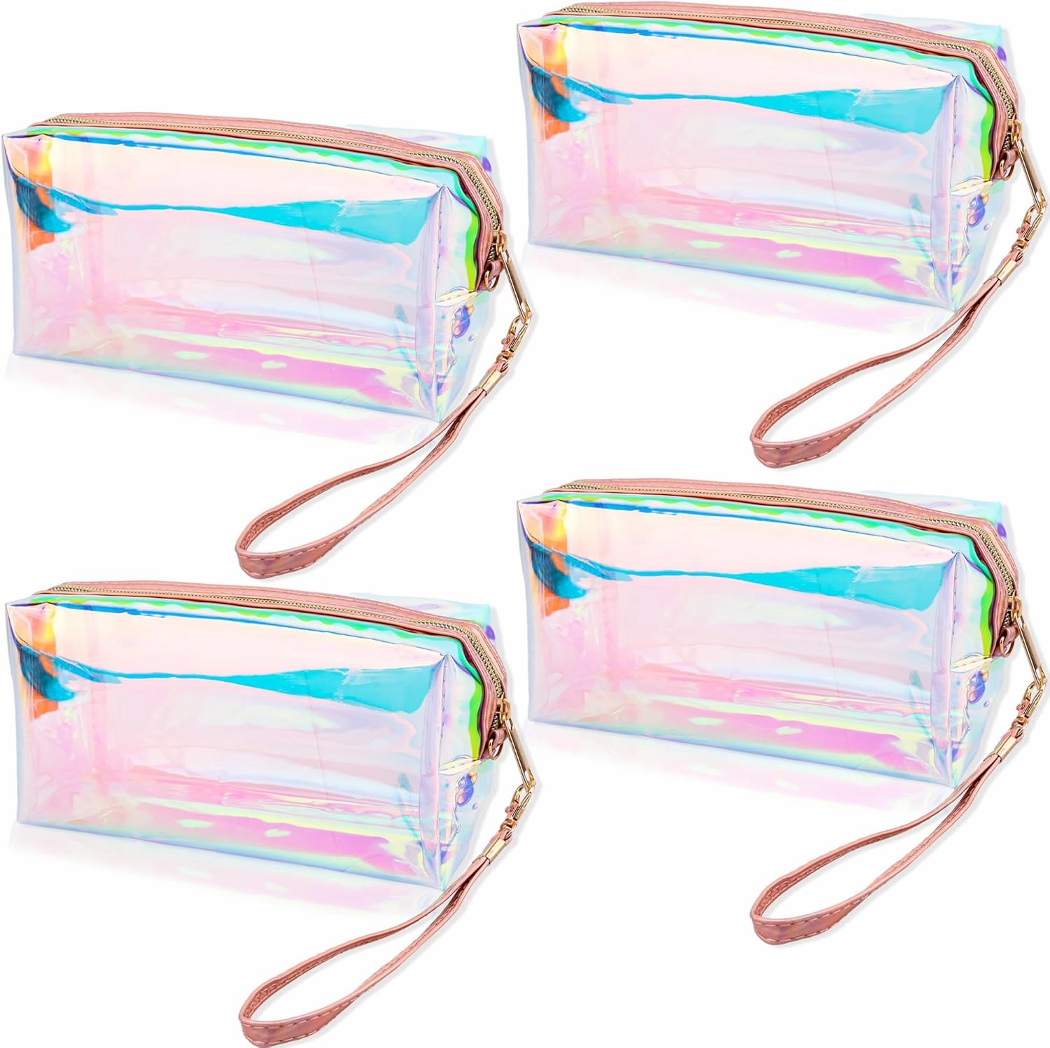 4 Pack Holographic Makeup Bag Iridescent Waterproof Cosmetic Pouch Clear Portable Toiletry Organizer TPU Travel Zippered Makeup Bag for Girls Women