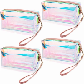 4 Pack Holographic Makeup Bag Iridescent Waterproof Cosmetic Pouch Clear Portable Toiletry Organizer TPU Travel Zippered Makeup Bag for Girls Women