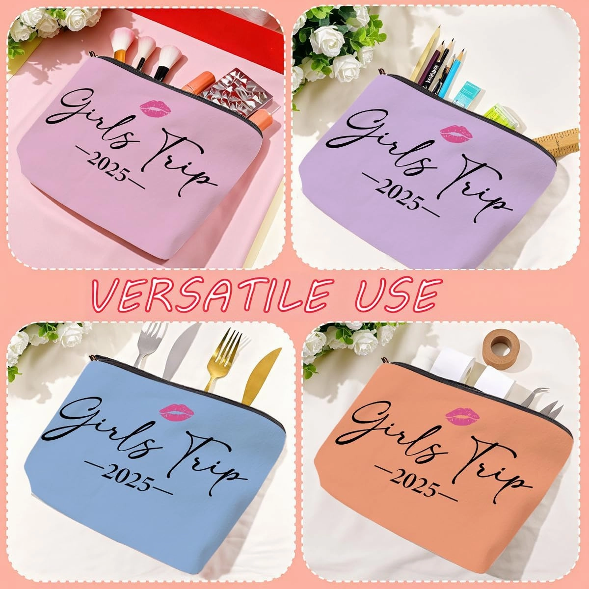 4 PCS Girls Trip Gifts girls trip gifts favors Girls Trip Makeup Bag Girls Girls Weekend Gifts Ideas for Women Cosmetic Bag Weekender Bag for Women Easter, Mother's Day, Nurses' Day, Holiday Vacation