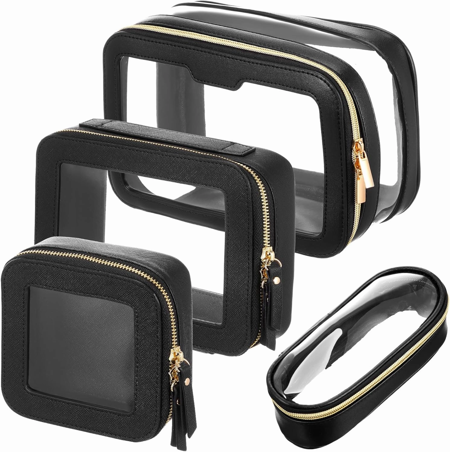 4 Pcs Leather Clear Makeup Bags Set for Women Travel Clear Cosmetic Case Toiletry Bags with Zipper Makeup Brush Case Waterproof Organizer Storage for Women Men Travel Accessories, 4 Sizes(Black)