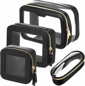 4 Pcs Leather Clear Makeup Bags Set for Women Travel Clear Cosmetic Case Toiletry Bags with Zipper Makeup Brush Case Waterproof Organizer Storage for Women Men Travel Accessories, 4 Sizes(Black)