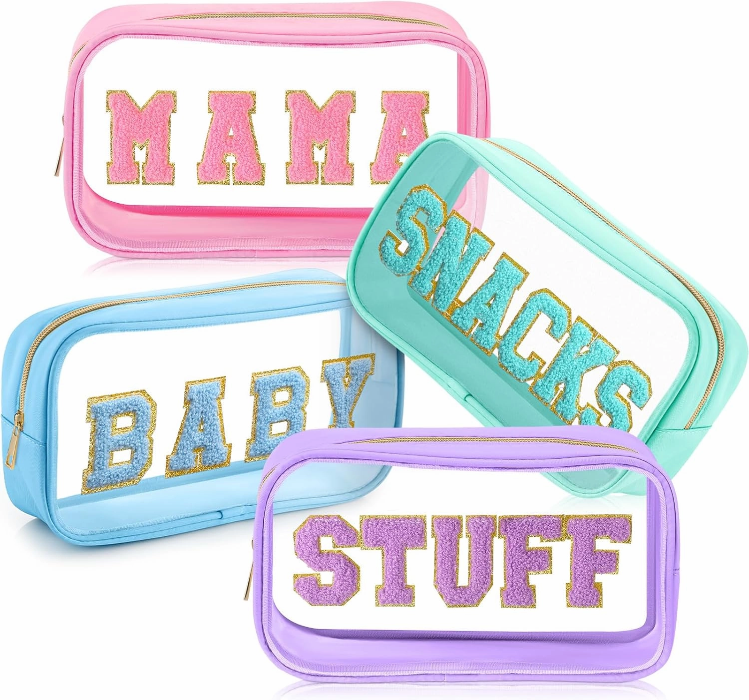 4 Pcs Mama and Baby Toiletry Bag Clear Chenille Letter Pouch Snacks Makeup Stuff Travel Diaper Bag Preppy Transparent Pouch with Zipper for Women Gift(Pastel Color)