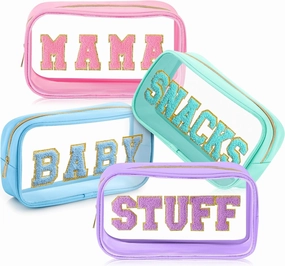 4 Pcs Mama and Baby Toiletry Bag Clear Chenille Letter Pouch Snacks Makeup Stuff Travel Diaper Bag Preppy Transparent Pouch with Zipper for Women Gift(Pastel Color)