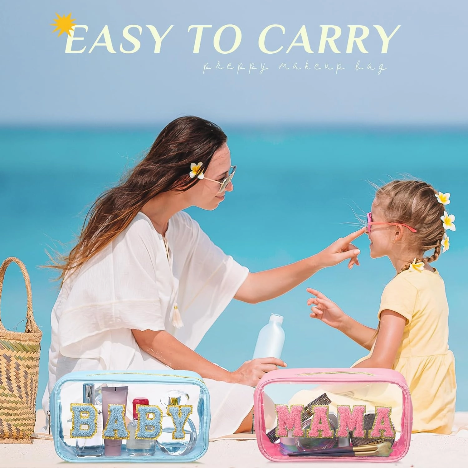 4 Pcs Mama and Baby Toiletry Bag Clear Chenille Letter Pouch Snacks Makeup Stuff Travel Diaper Bag Preppy Transparent Pouch with Zipper for Women Gift(Pastel Color)