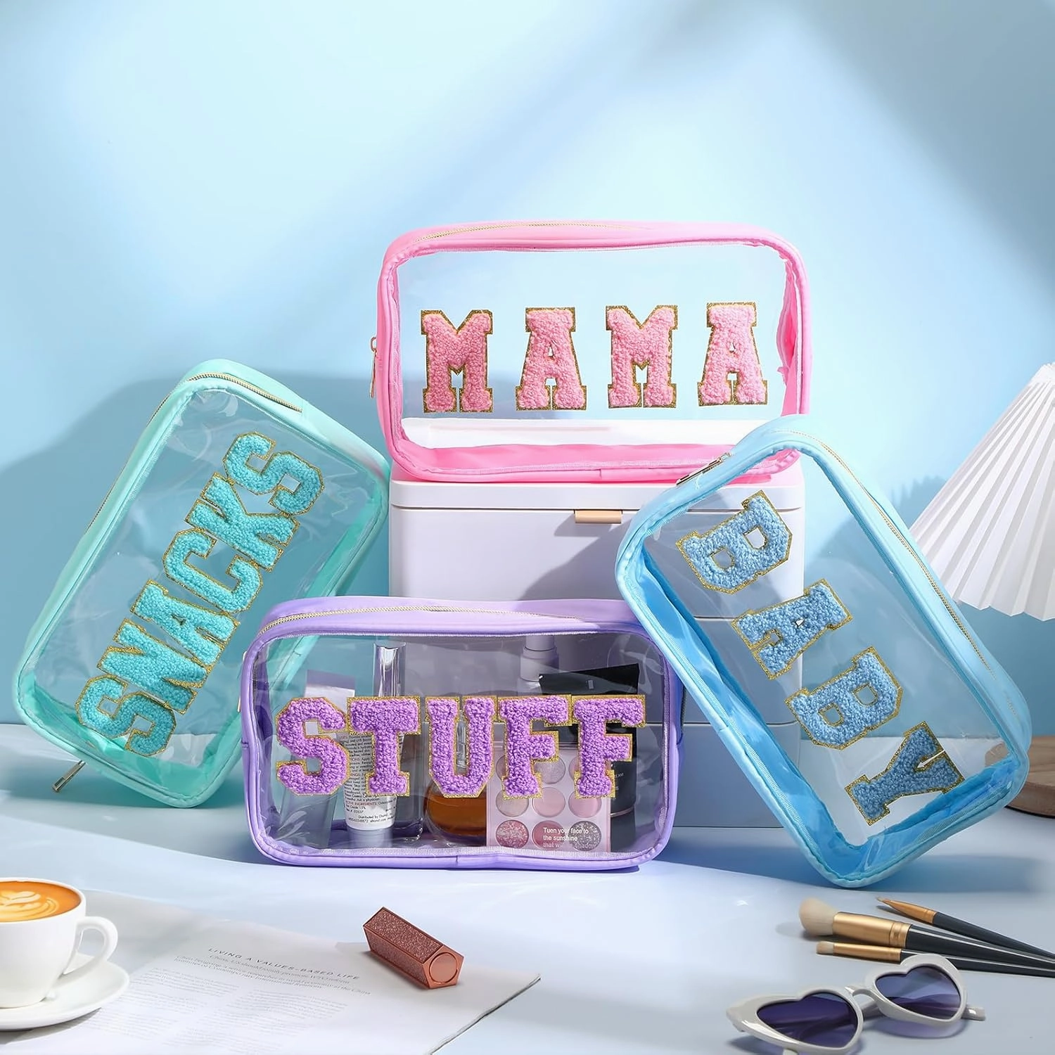 4 Pcs Mama and Baby Toiletry Bag Clear Chenille Letter Pouch Snacks Makeup Stuff Travel Diaper Bag Preppy Transparent Pouch with Zipper for Women Gift(Pastel Color)