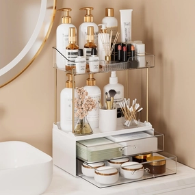 4-Tier 2-Drawer Bathroom Organizer Counter Organization, Multi-Purpose Makeup Skincare Organizers with Compartment, Easy to Install, Exquisit Vanity Shelves, Clear