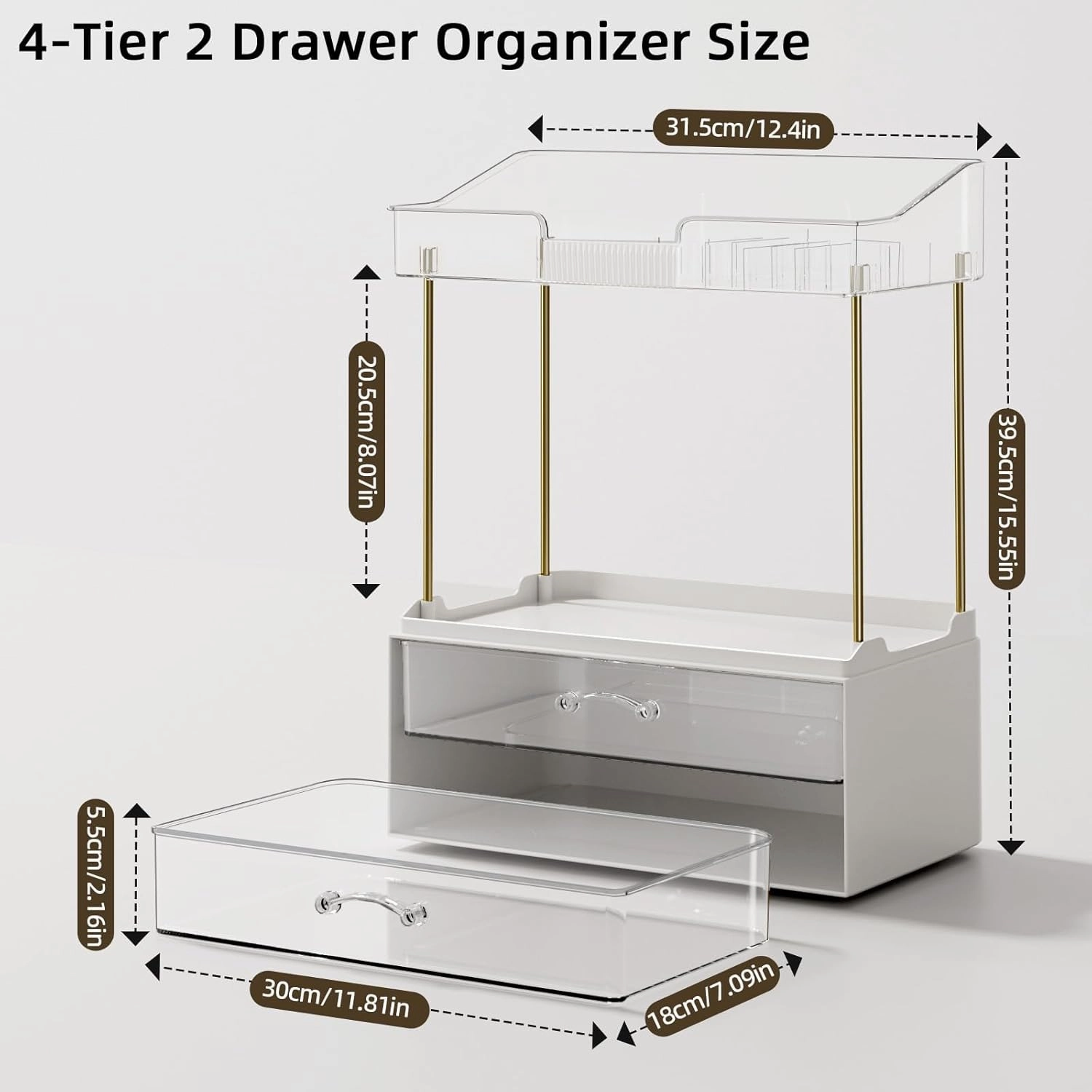 4-Tier 2-Drawer Bathroom Organizer Counter Organization, Multi-Purpose Makeup Skincare Organizers with Compartment, Easy to Install, Exquisit Vanity Shelves, Clear