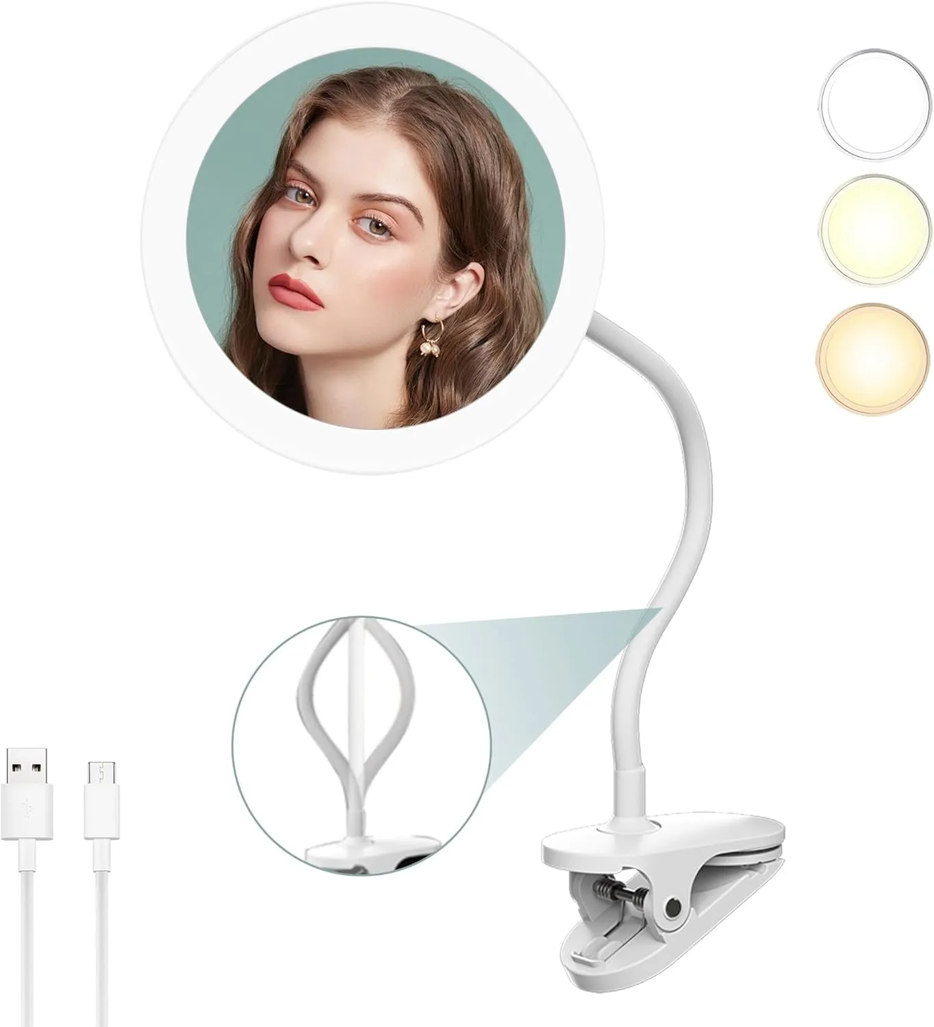 6.5" Clip-On Magnifying Vanity Mirror - 5X Magnification, USB Rechargeable, Lighted, Travel-Friendly (White)