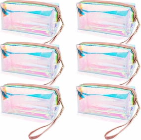 6 Pack Holographic Clear Makeup Bag Iridescent Waterproof Cosmetic Pouch with Wrist Loop Portable Toiletry Organizer TPU Travel Makeup Bags with Zipper for Girls