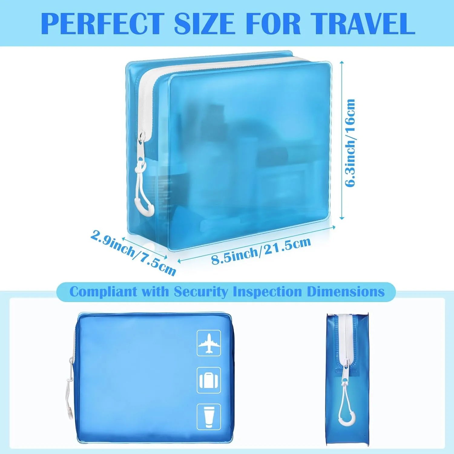 8 Pack TSA Approved Travel Toiletry Bags Frosted Translucent Leak-proof Cosmetic Makeup Bags for Women Men Travel Organizer Airport Security (Blue,8.5 x 6.3 x 2.9 Inch)
