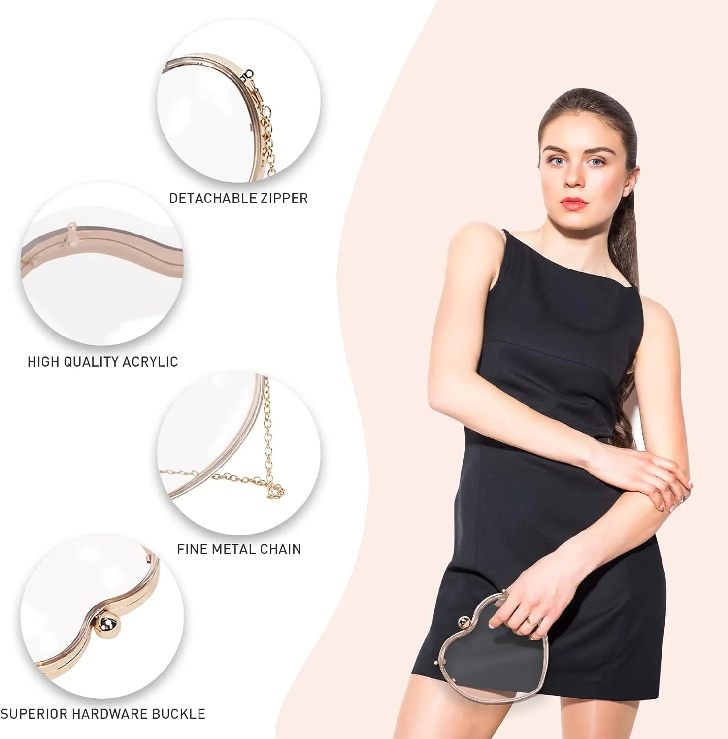Acrylic Heart Clutch Bag Mini Clear Evening Handbag with Detechable Chain for Women