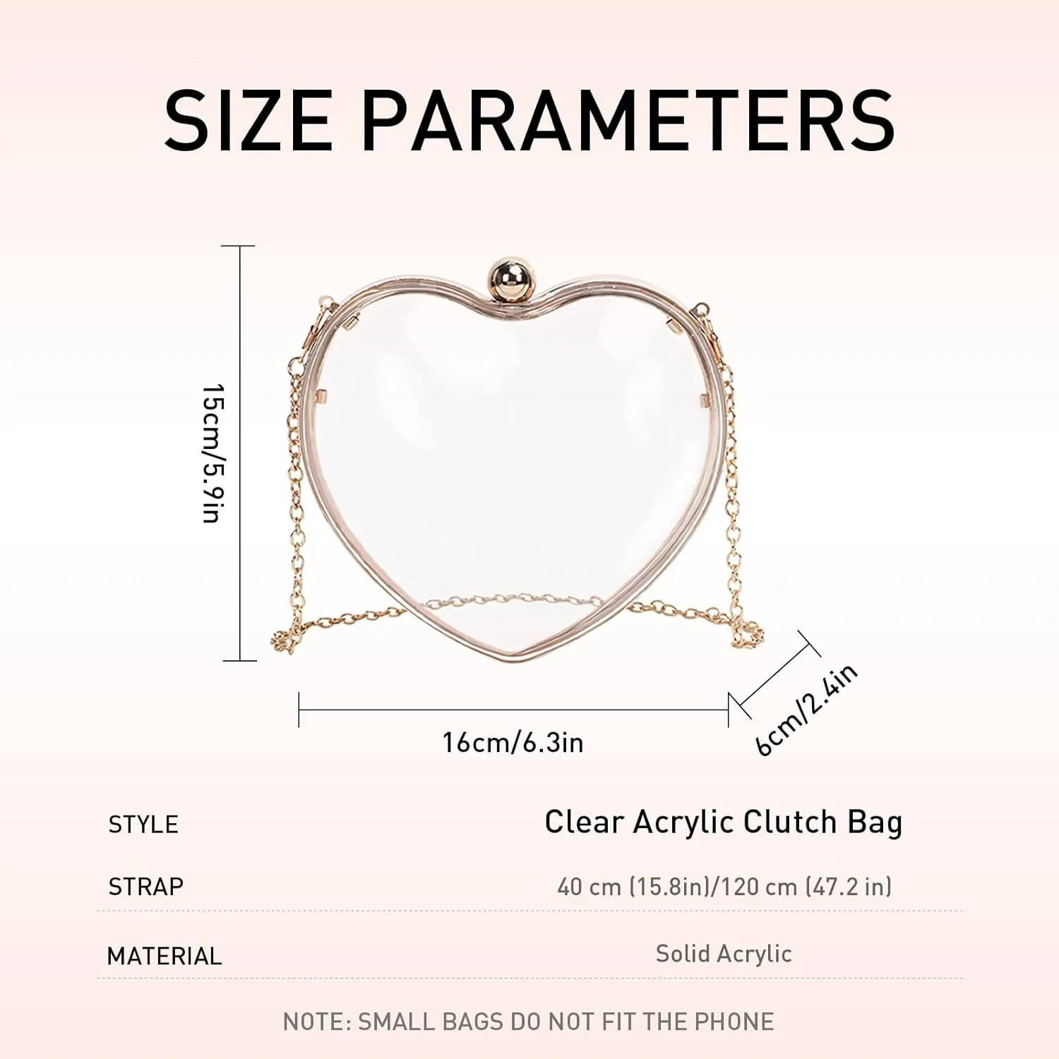 Acrylic Heart Clutch Bag Mini Clear Evening Handbag with Detechable Chain for Women