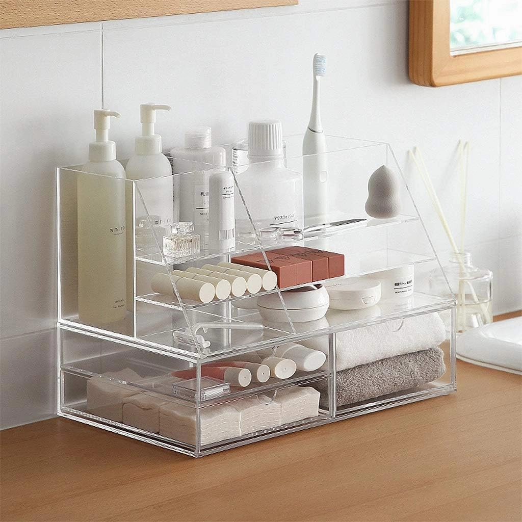 Acrylic Clear Makeup Organizer Lipstick Cosmetic Organizer Box with Compartments Makeup Organizer Small Countertop Storage Rack