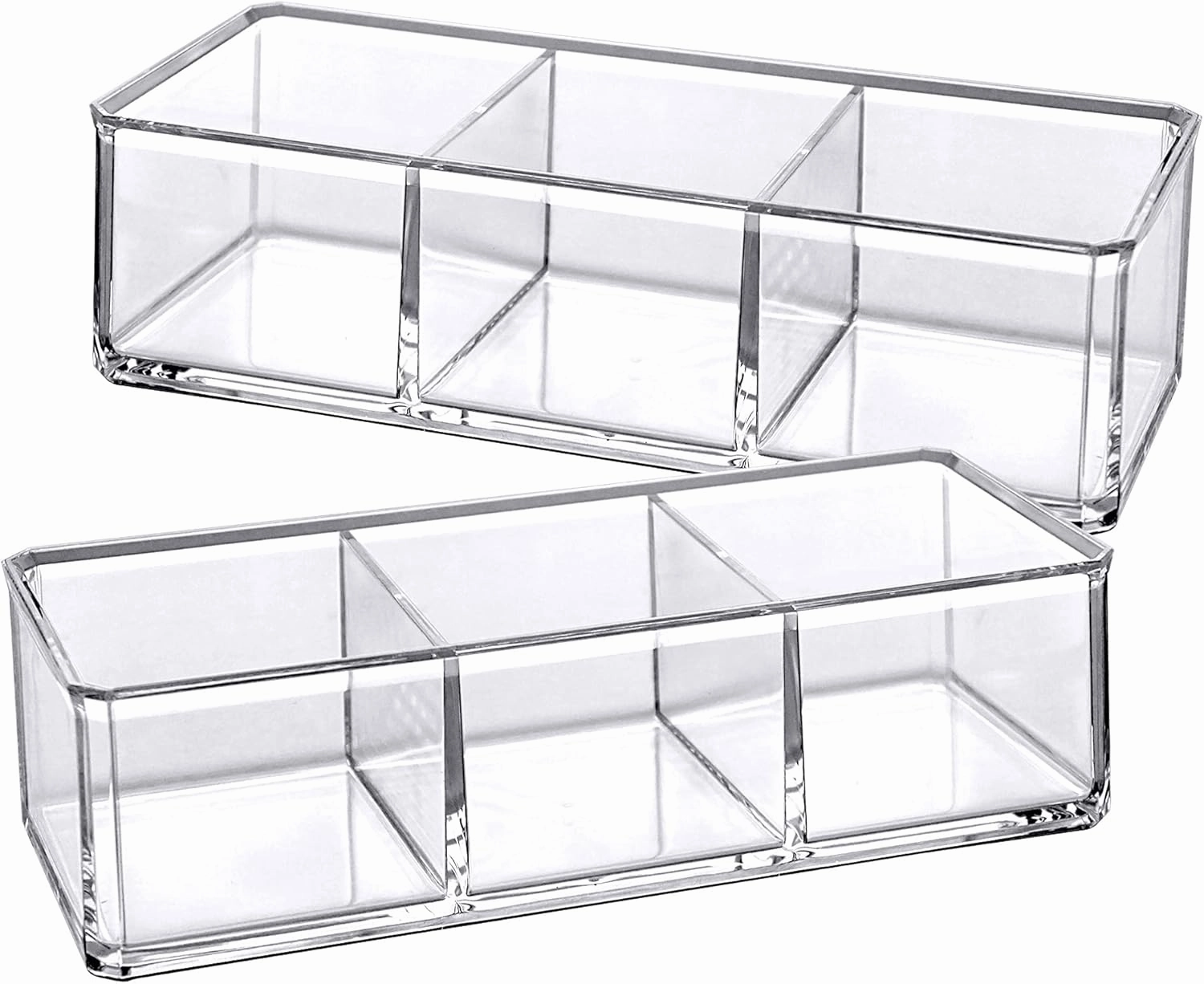 Amazing Abby - Glamour - 2-Pack Acrylic 3-Compartment Makeup Organizer, Transparent Plastic Lipstick Holder, Perfect Bathroom Vanity Storage Solution for Lipsticks, Nail Polishes, and More