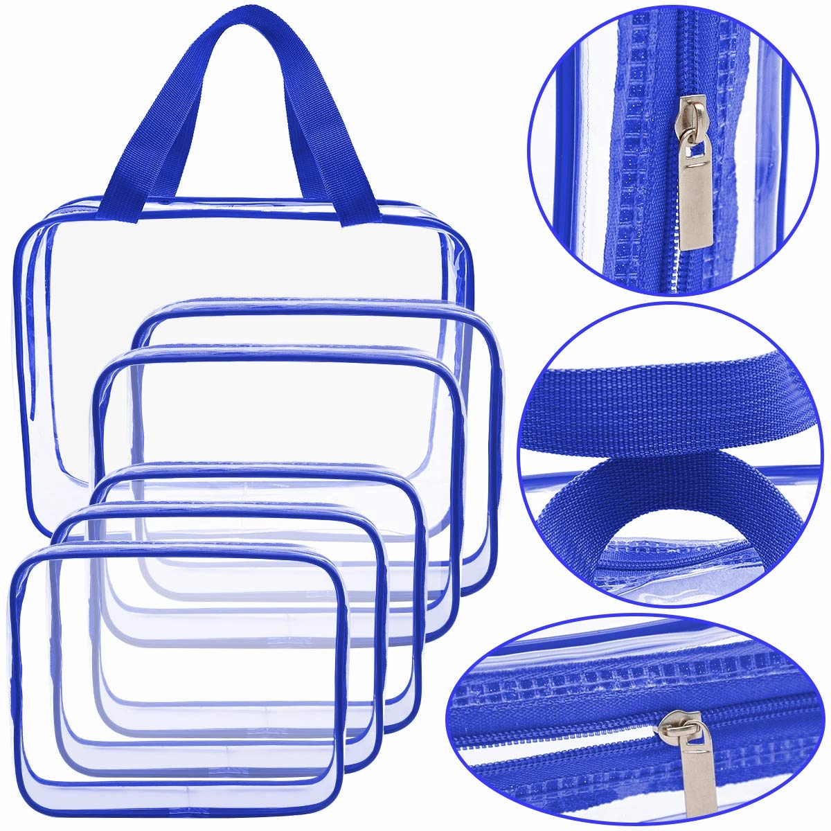 APREUTY Clear Makeup Bags, TSA Approved 6Pcs Cosmetic Makeup Bag Set Clear PVC with Zipper Handle Portable Travel Luggage Pouch Airport Airline Vacation (Blue)