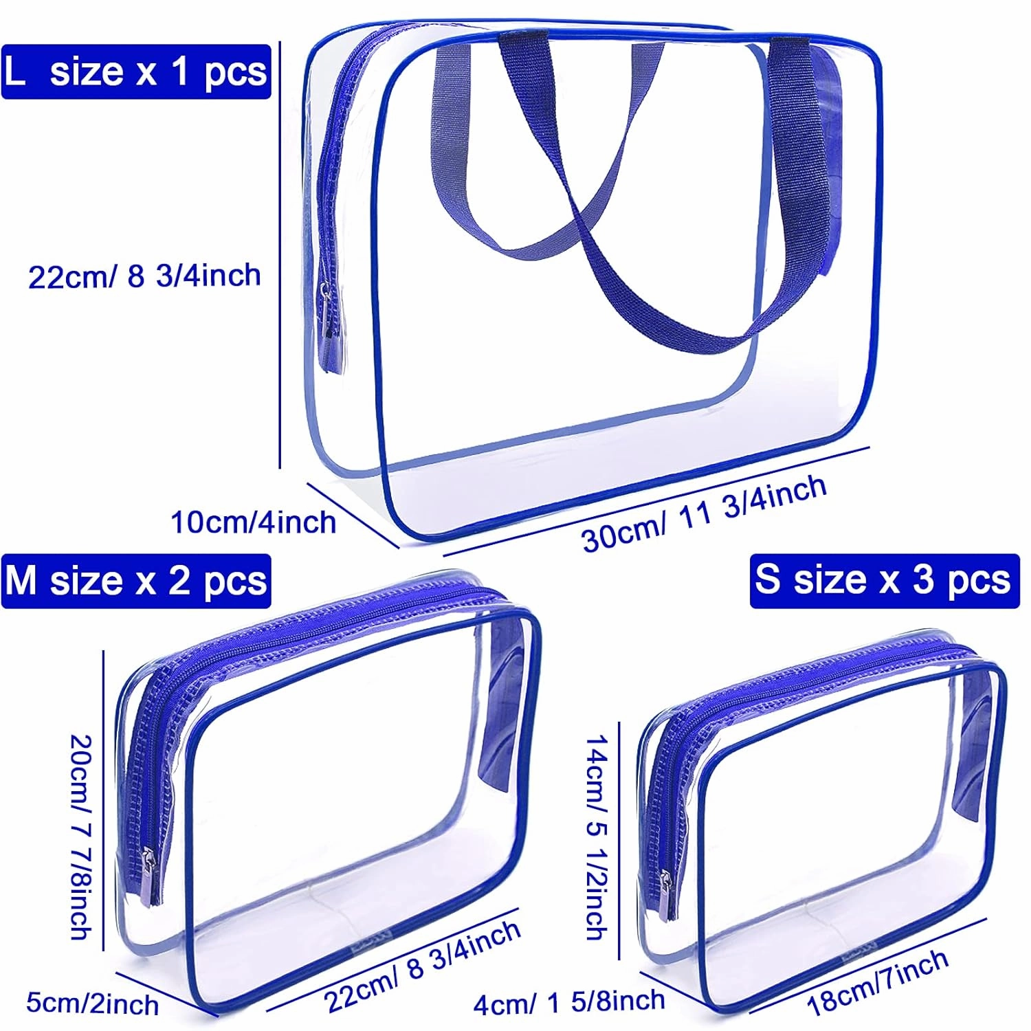APREUTY Clear Makeup Bags, TSA Approved 6Pcs Cosmetic Makeup Bag Set Clear PVC with Zipper Handle Portable Travel Luggage Pouch Airport Airline Vacation (Blue)