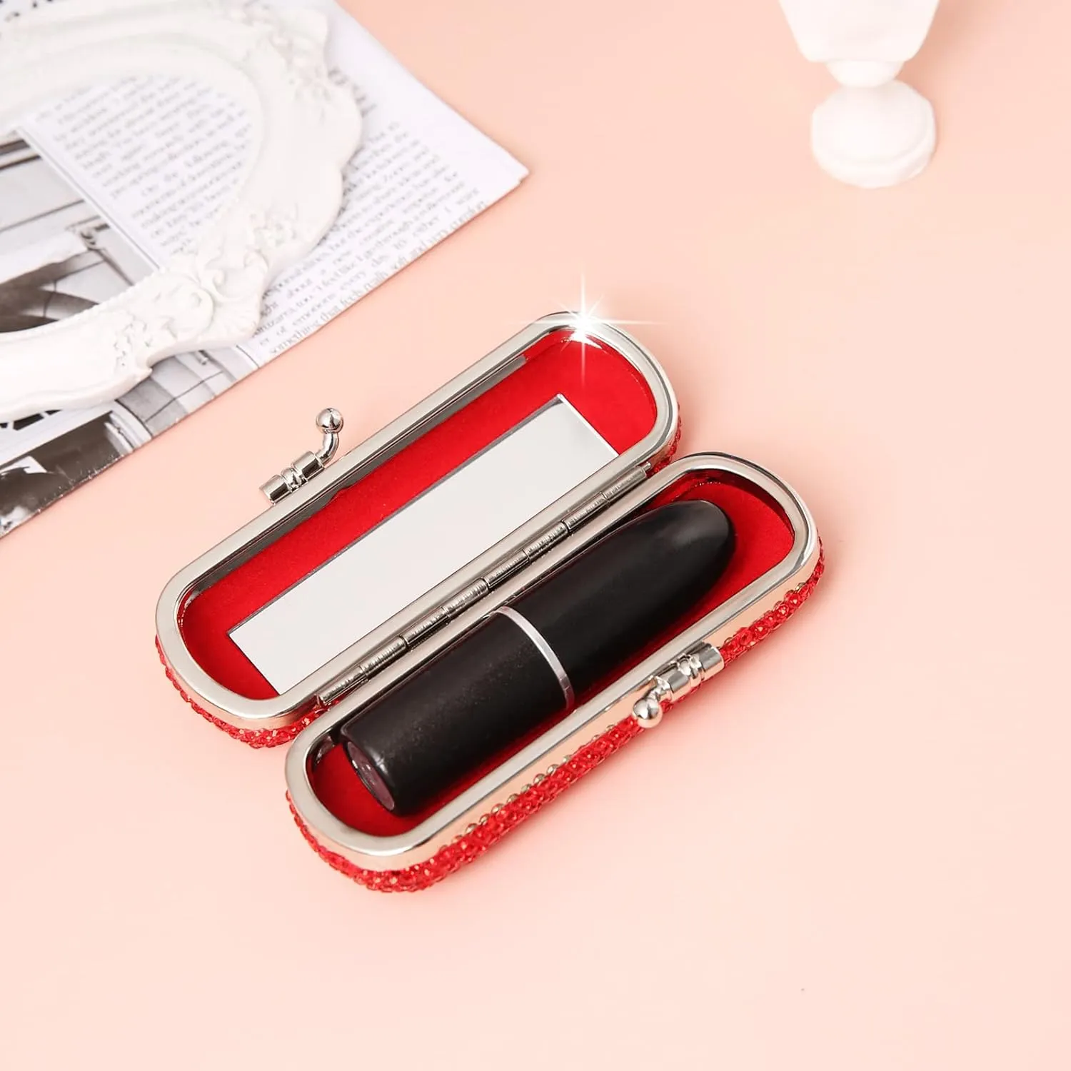 AsAlways Shiny Rhinestone Crystal Portable Lipstick Case with Mirror Portable Bling Diamonds Makeup Cosmetic Storage Holder for Travel Ladies Fashion
