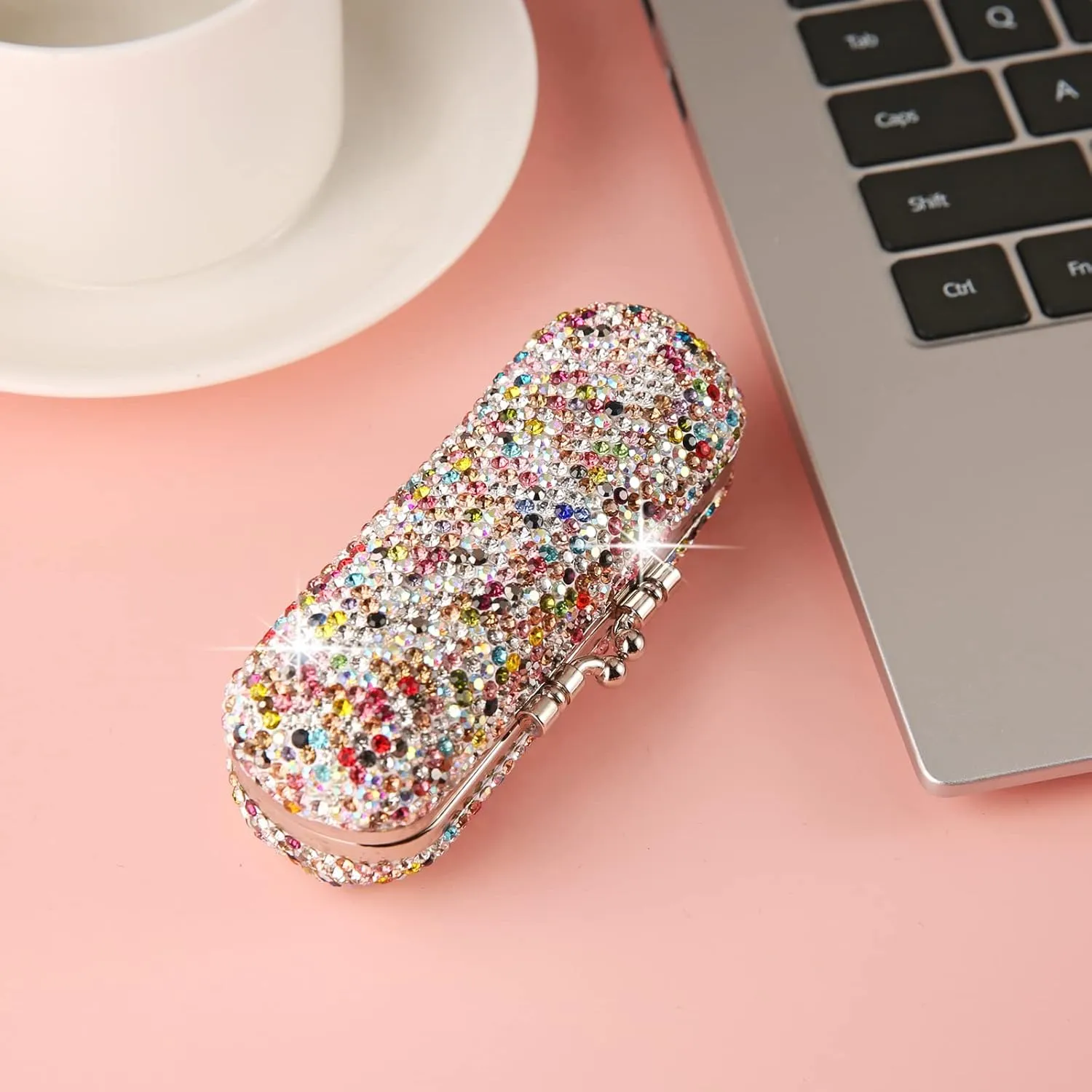 AsAlways Shiny Rhinestone Crystal Portable Lipstick Case with Mirror Portable Bling Diamonds Makeup Cosmetic Storage Holder for Travel Ladies Fashion