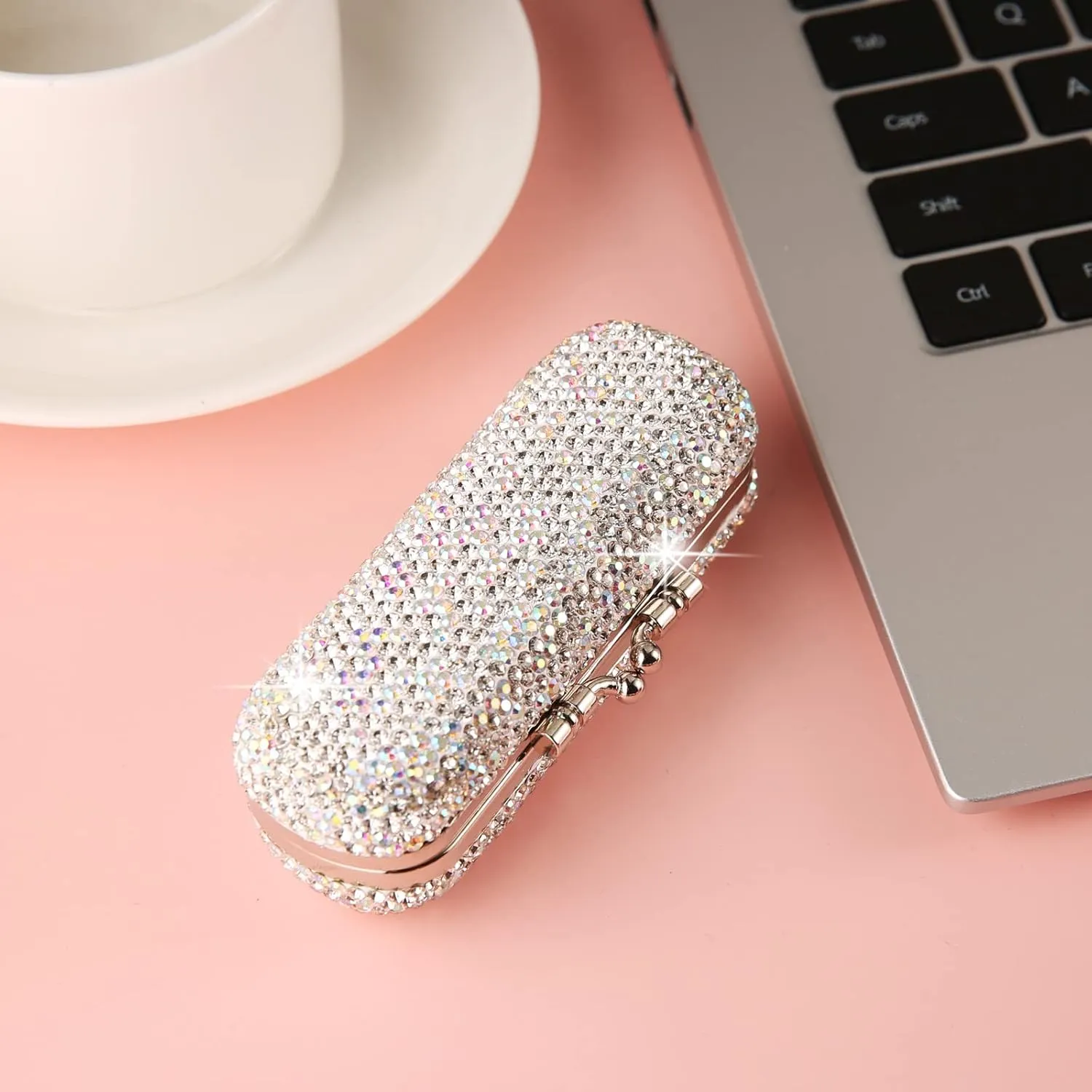 AsAlways Shiny Rhinestone Crystal Portable Lipstick Case with Mirror Portable Bling Diamonds Makeup Cosmetic Storage Holder for Travel Ladies Fashion