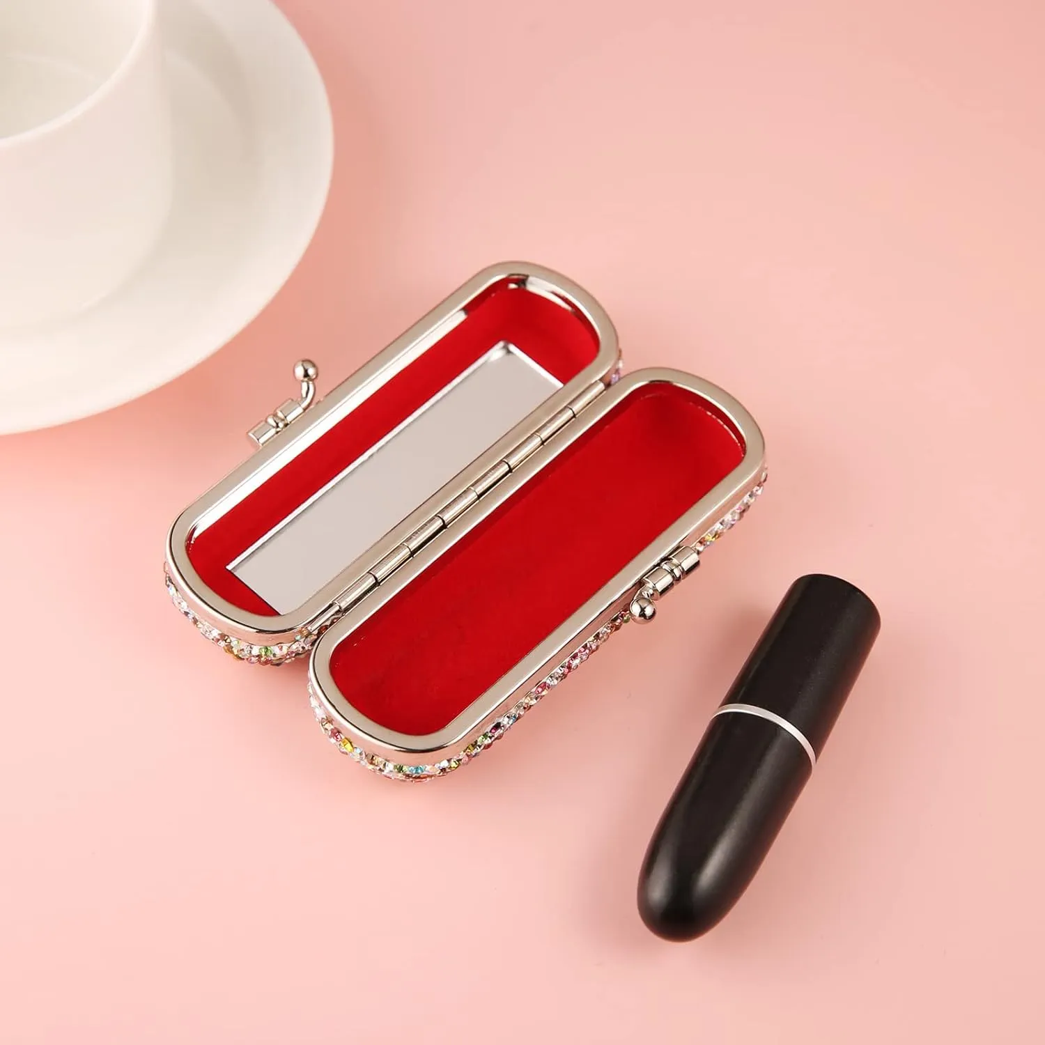 AsAlways Shiny Rhinestone Crystal Portable Lipstick Case with Mirror Portable Bling Diamonds Makeup Cosmetic Storage Holder for Travel Ladies Fashion