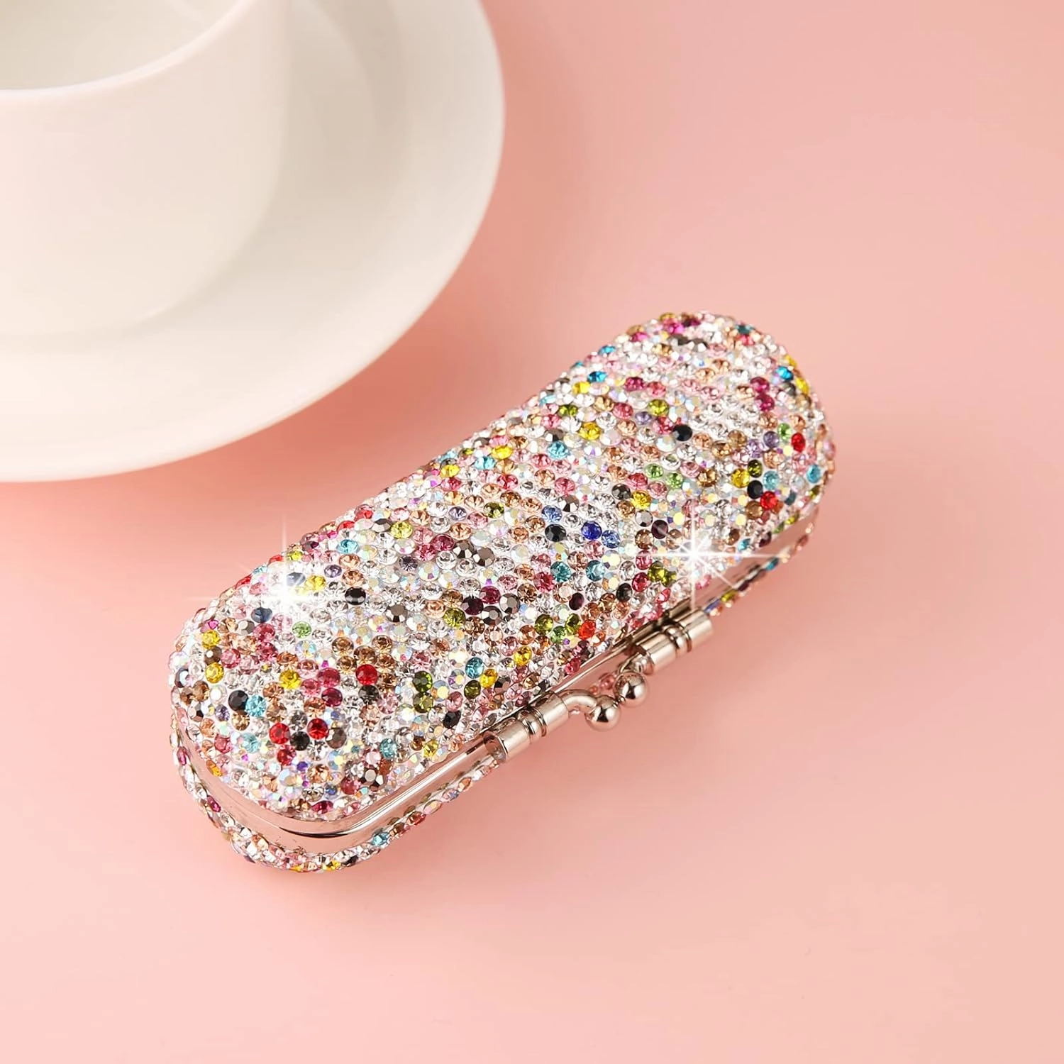 AsAlways Shiny Rhinestone Crystal Portable Lipstick Case with Mirror Portable Bling Diamonds Makeup Cosmetic Storage Holder for Travel Ladies Fashion