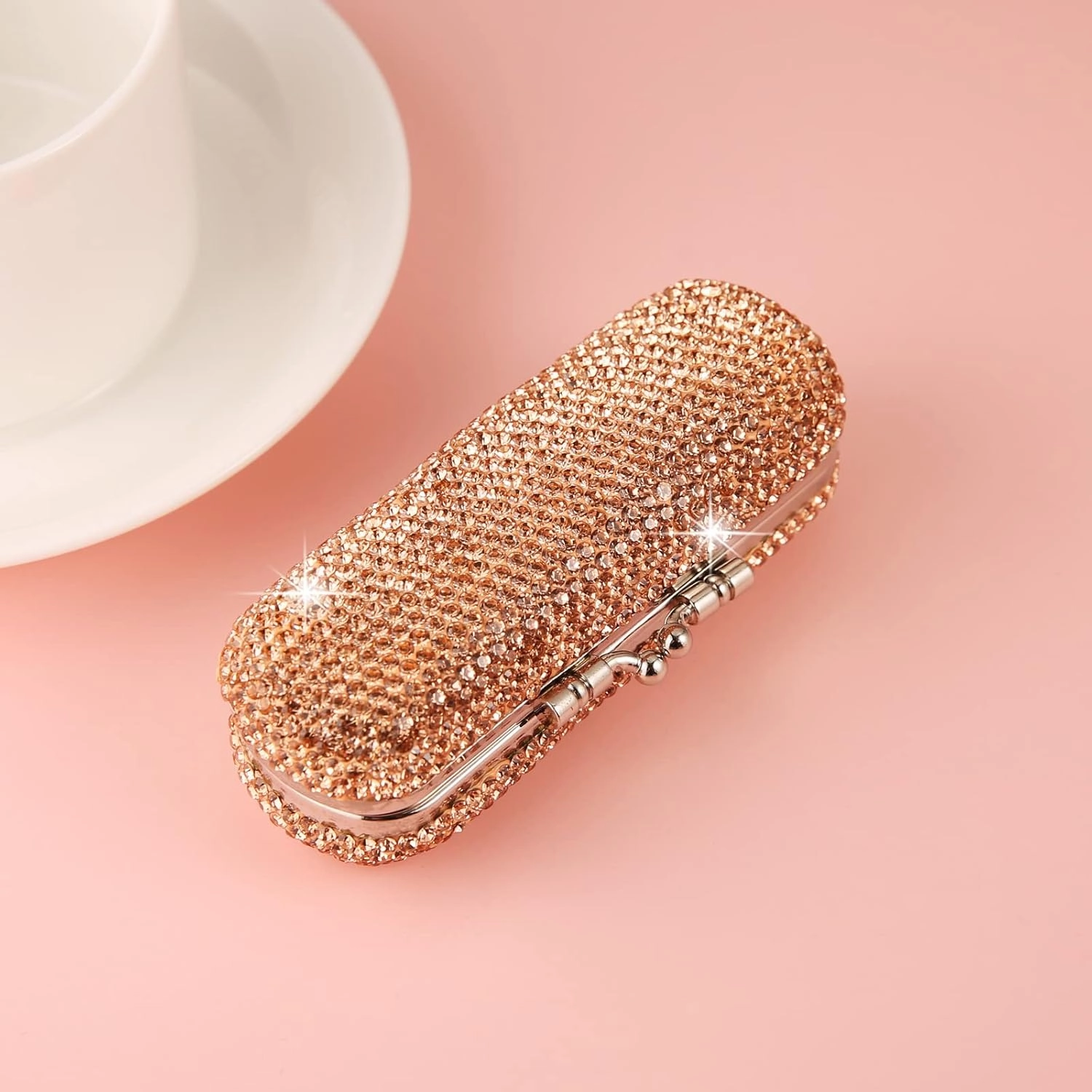 AsAlways Shiny Rhinestone Crystal Portable Lipstick Case with Mirror Portable Bling Diamonds Makeup Cosmetic Storage Holder for Travel Ladies Fashion