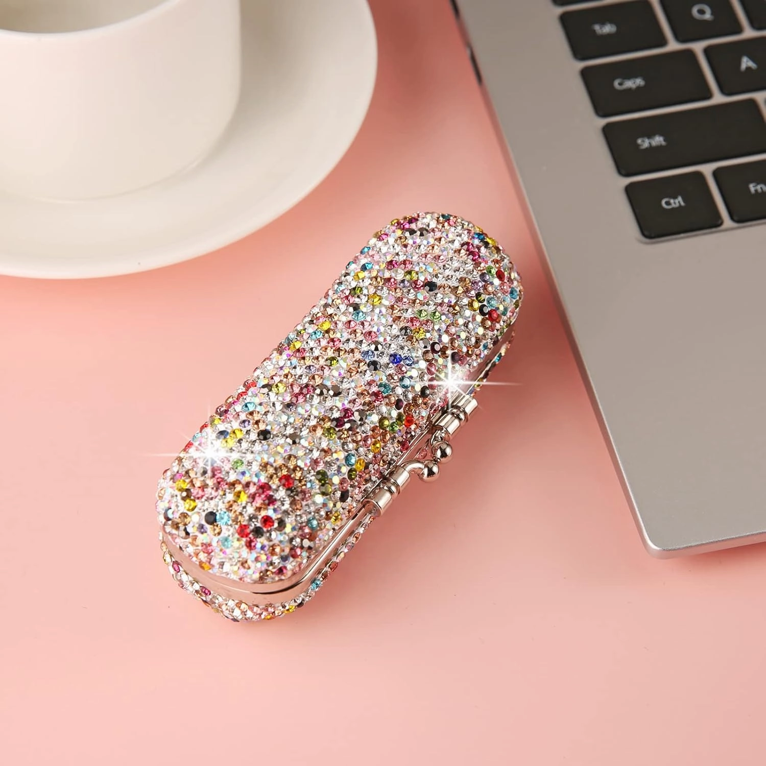 AsAlways Shiny Rhinestone Crystal Portable Lipstick Case with Mirror Portable Bling Diamonds Makeup Cosmetic Storage Holder for Travel Ladies Fashion