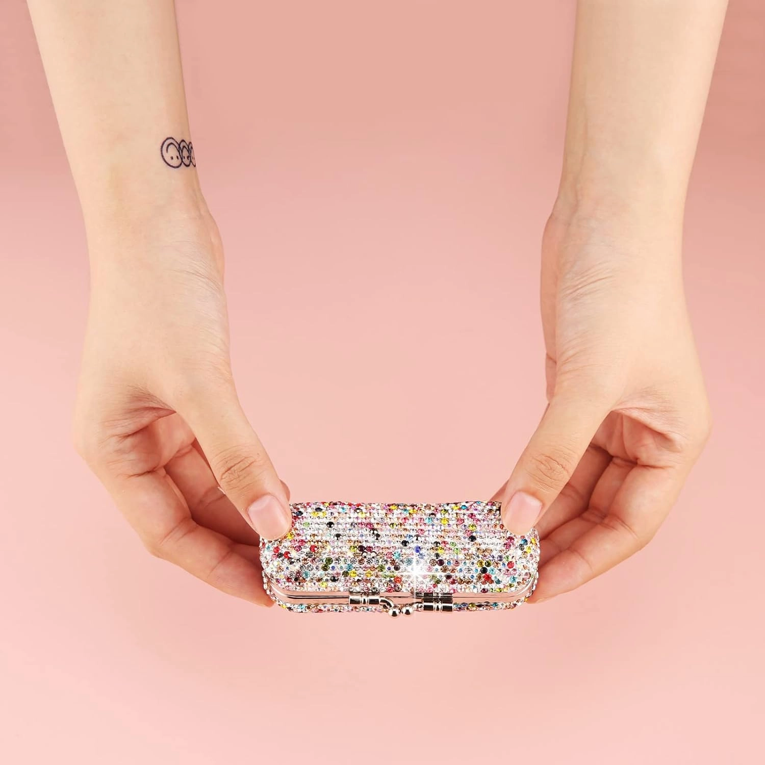 AsAlways Shiny Rhinestone Crystal Portable Lipstick Case with Mirror Portable Bling Diamonds Makeup Cosmetic Storage Holder for Travel Ladies Fashion