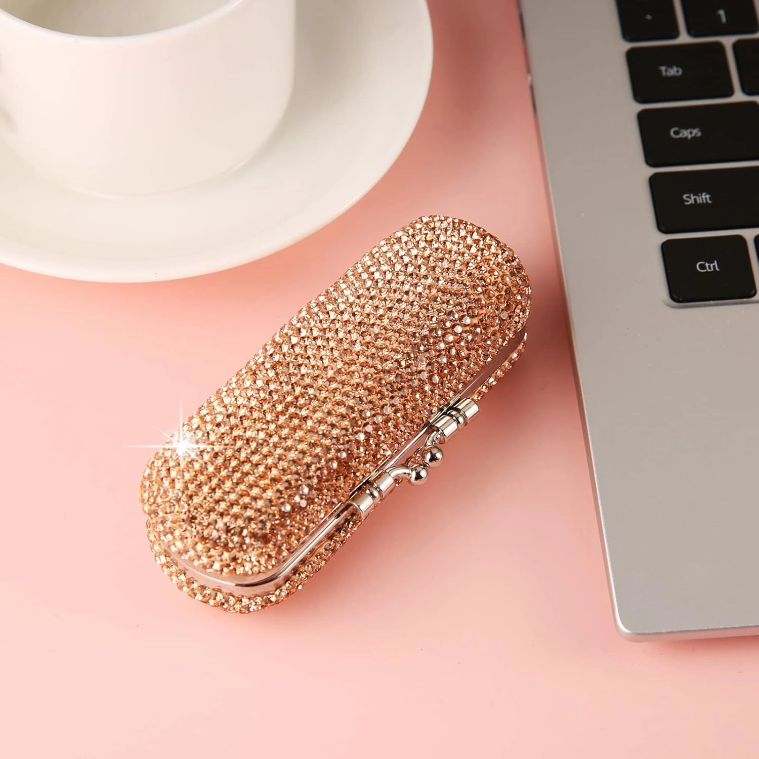AsAlways Shiny Rhinestone Crystal Portable Lipstick Case with Mirror Portable Bling Diamonds Makeup Cosmetic Storage Holder for Travel Ladies Fashion