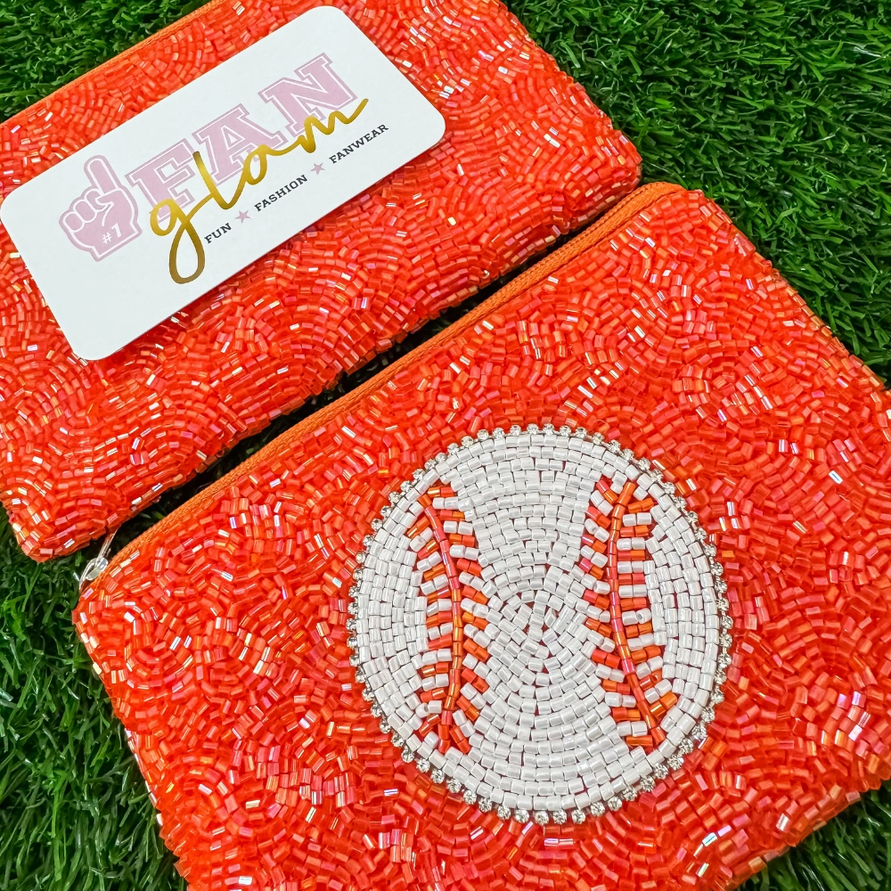 BASEBALL RHINESTONE DBLE SIDED BEADED ZIP COIN PURSE - 2 COLORS