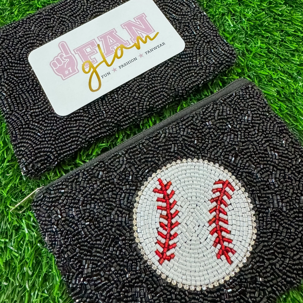 BASEBALL RHINESTONE DBLE SIDED BEADED ZIP COIN PURSE - 2 COLORS