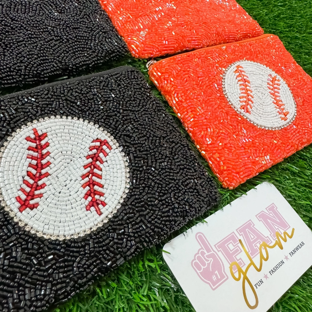 BASEBALL RHINESTONE DBLE SIDED BEADED ZIP COIN PURSE - 2 COLORS