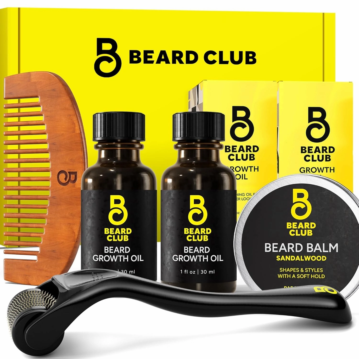 Beard Growth Kit - Derma Roller, Beard Growth Oil, Sandalwood Beard Balm, Beard Comb - Gift Set