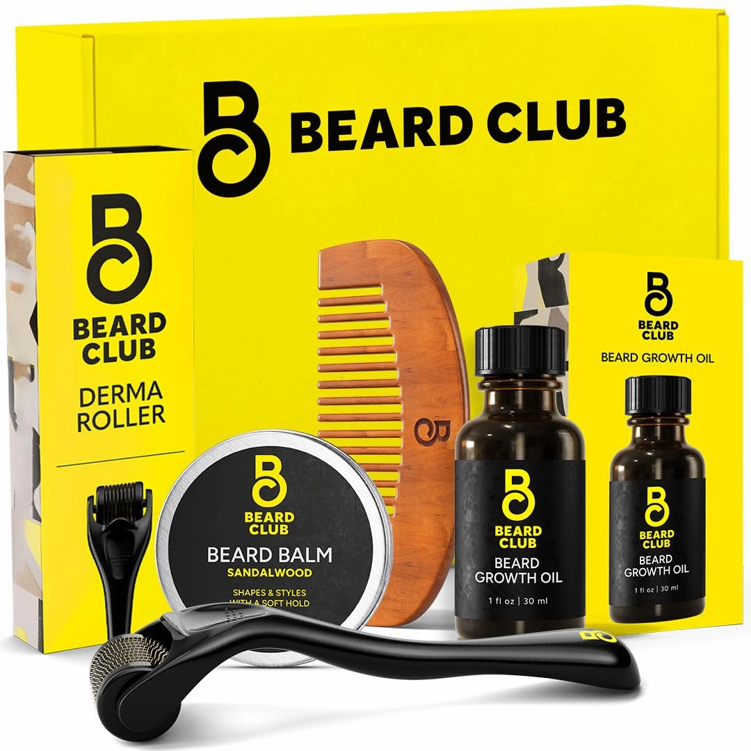 Beard Growth Kit - Derma Roller, Beard Growth Oil, Sandalwood Beard Balm, Beard Comb - Gift Set