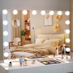 BEAUTME Vanity Mirror with Lights, Hollywood Mirror with Light, Light Up Mirror with Smart Touch 3 Colors Dimmable, for Tabletop/Makeup Desk, 91.1×61.6cm, White